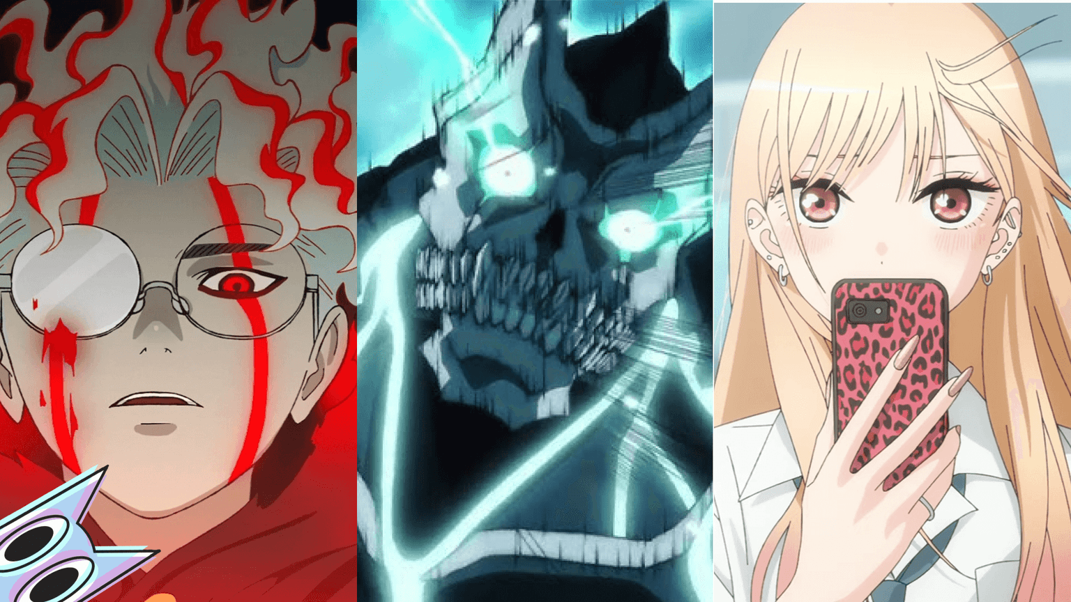 Ken Takakura (Okarun), Kafka Hibino e Marin Kitagawa olhando para frente no Guia da temporada