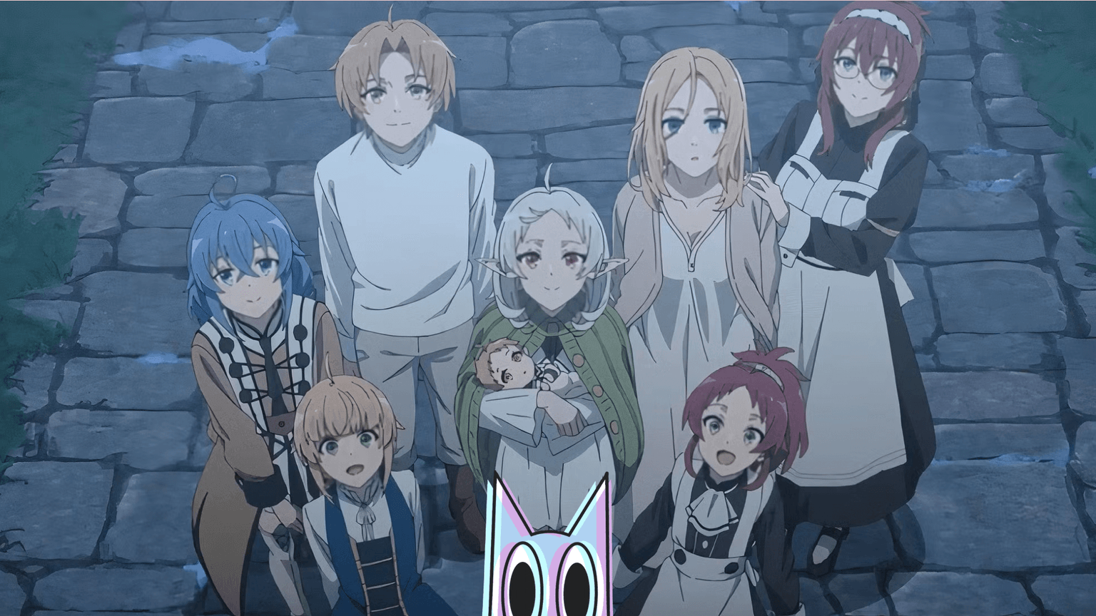 Rudeus e sua família na arte promocional da 3ª temporada de Mushoku Tensei