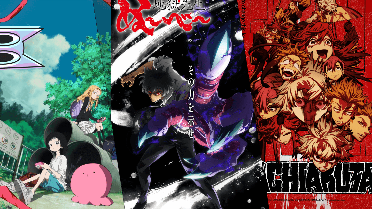 Montagem com posters dos animes ranqueados, como Takopi's Salvation, Gachiakuta e Hell Teacher