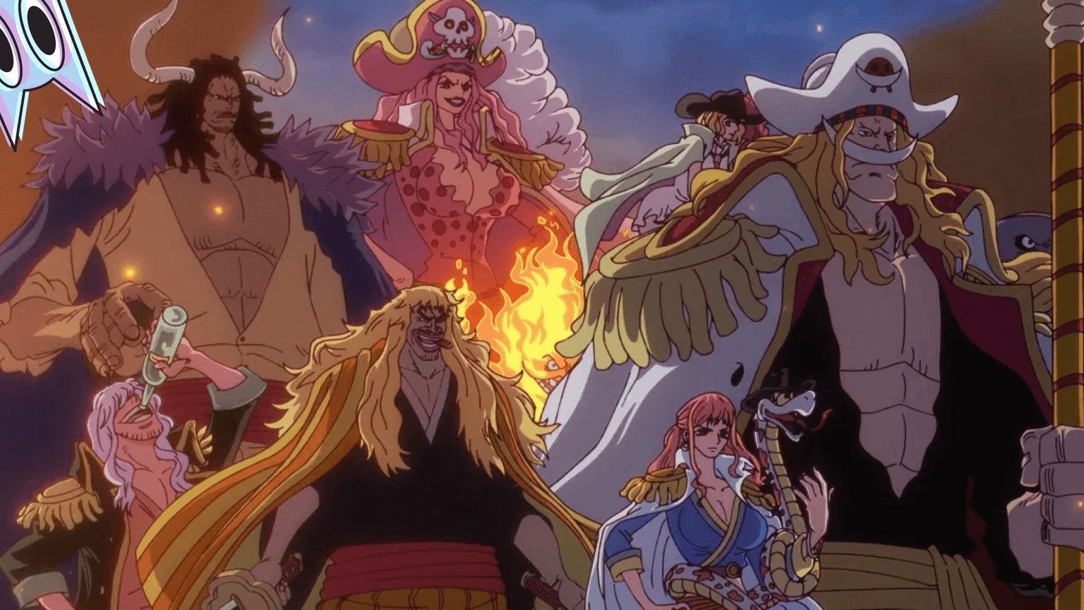 Arte conceitual mostrando os membros dos Piratas Rocks, como Barba Branca, Big Mom e Kaido, liderados por seu capitão.