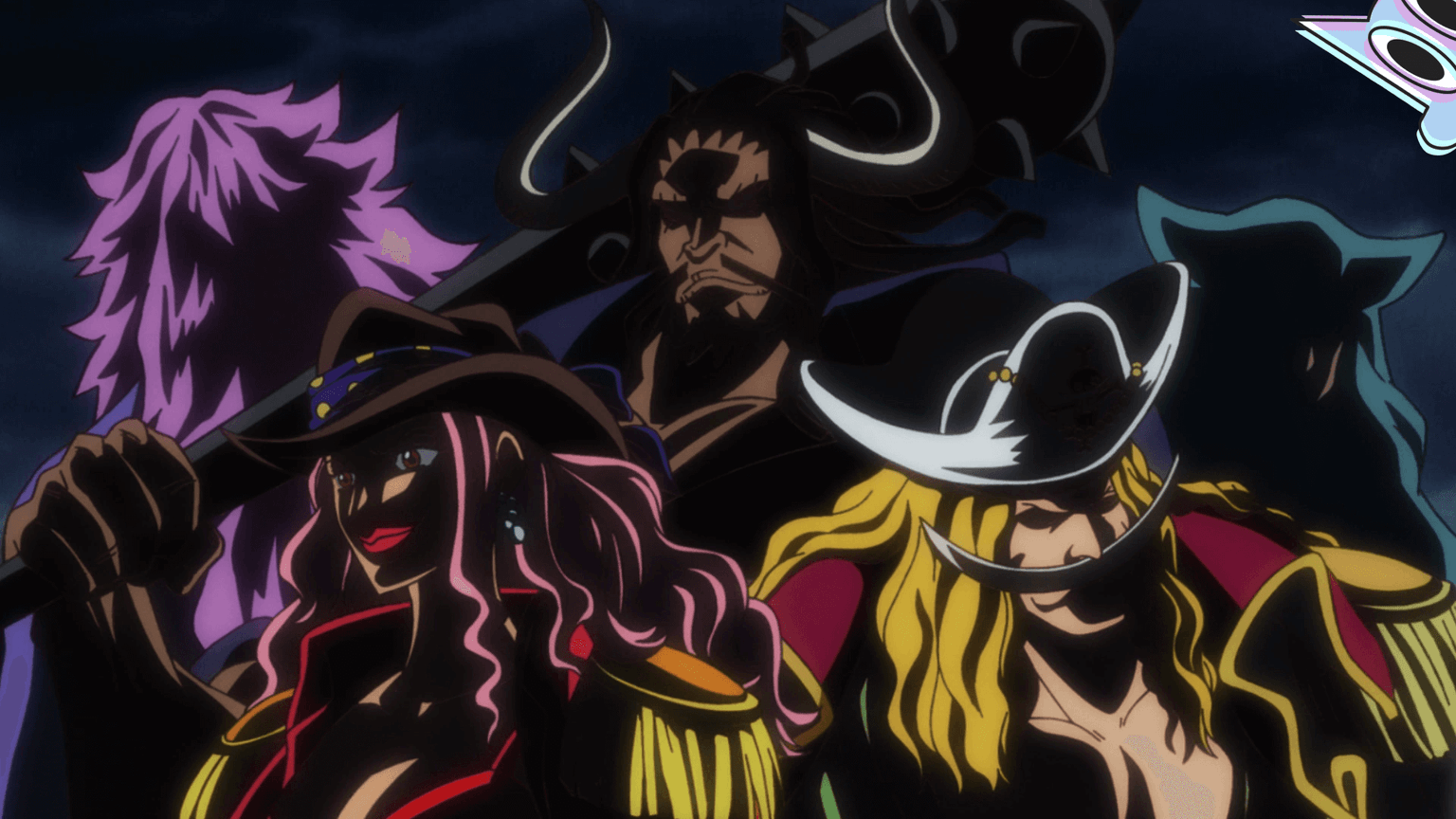 Montagem com os 5 membros mais fortes dos Piratas Rocks em um ranking: Xebec, Barba Branca, Kaido, Big Mom e Shiki.