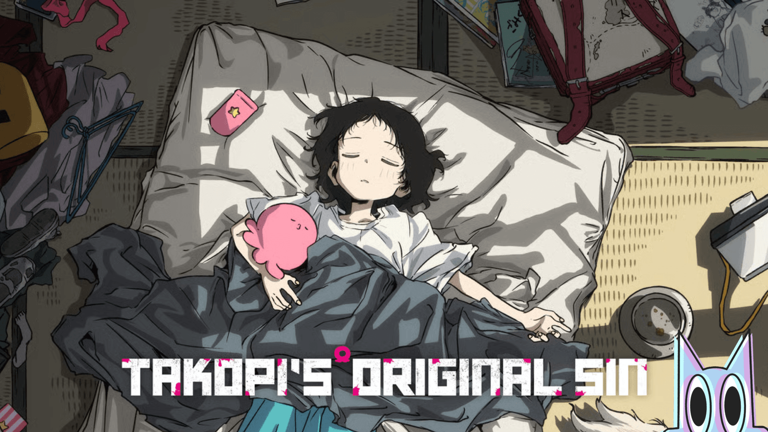 O alienígena Takopi deitado ao lado da garota Shizuka em uma arte sombria do polêmico anime Takopis Original Sin.