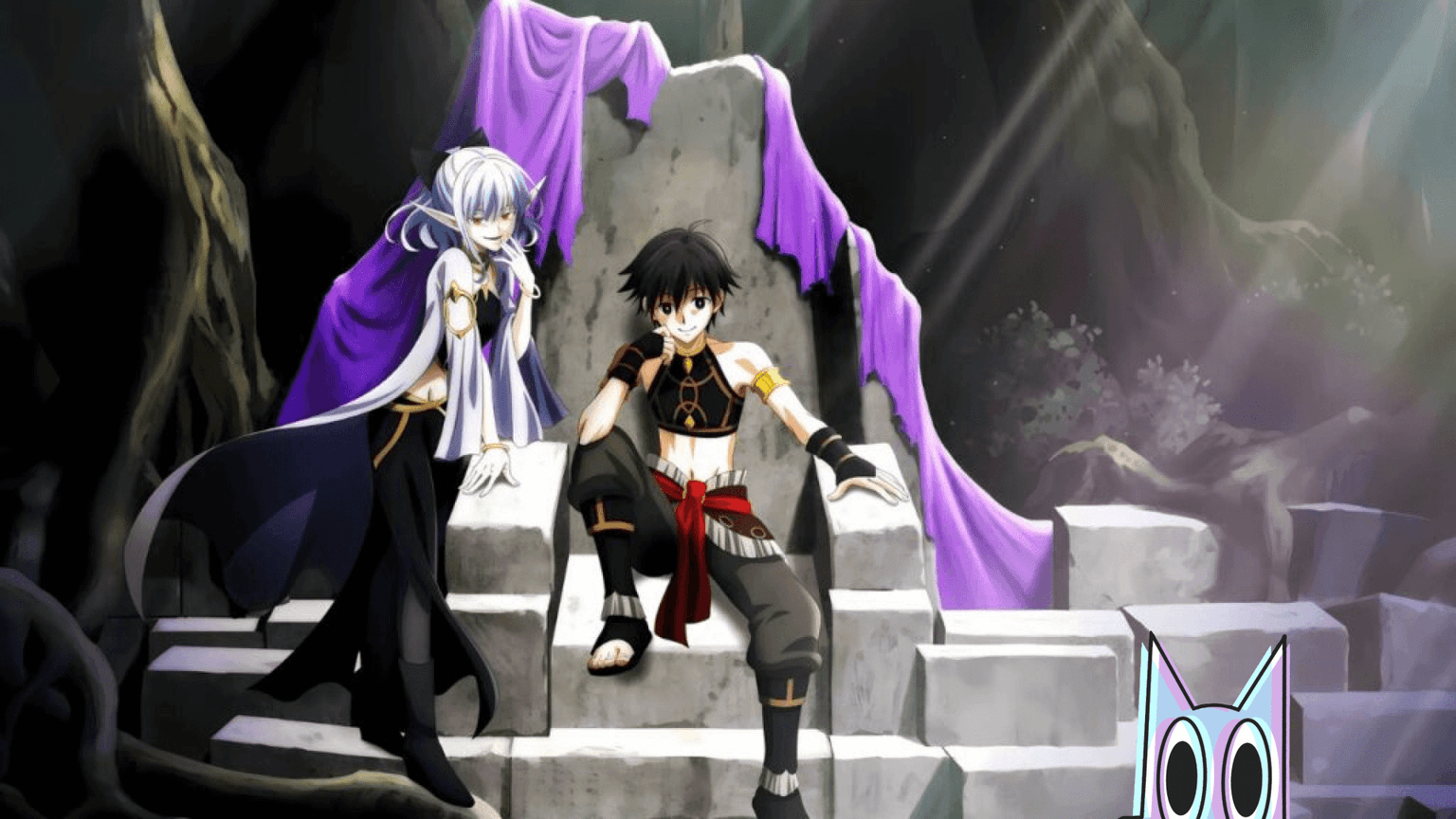 O protagonista Takuto Ira em seu trono como Mynoghra, com sua serva Atou ao seu lado, no guia do anime.