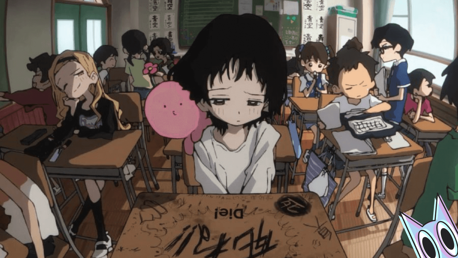 Arte sombria com os personagens principais de Takopis Original Sin: Takopi, Shizuka e Marina, na escola.