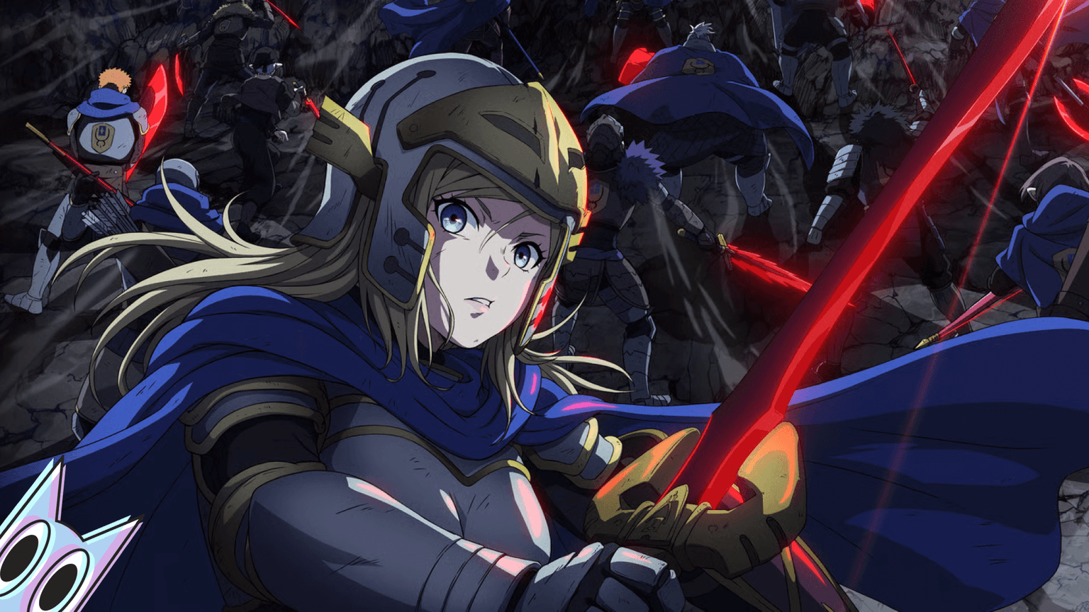 A heroína Alicia segurando sua espada, de fundo os outros heróis, em uma arte promocional do anime.