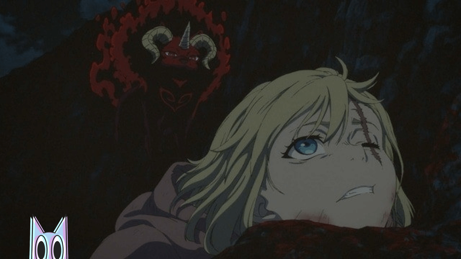 A heroína Alicia caída, com o Rei Demônio Clevatess ao seu lado, em uma cena da análise do episódio 3 de Clevatess.