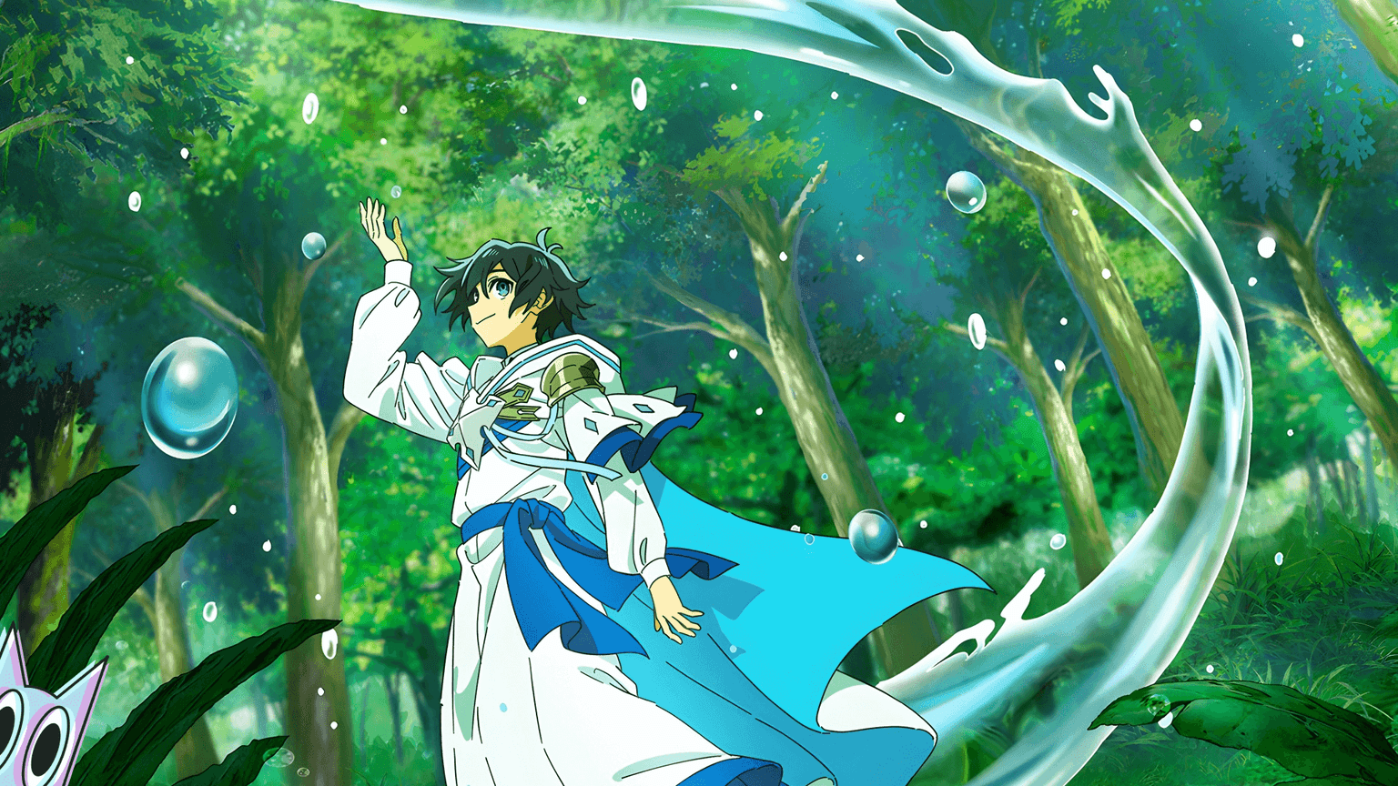 O protagonista Ryo Mihara manipulando a água com um olhar sereno, na arte promocional do anime The Water Magician.