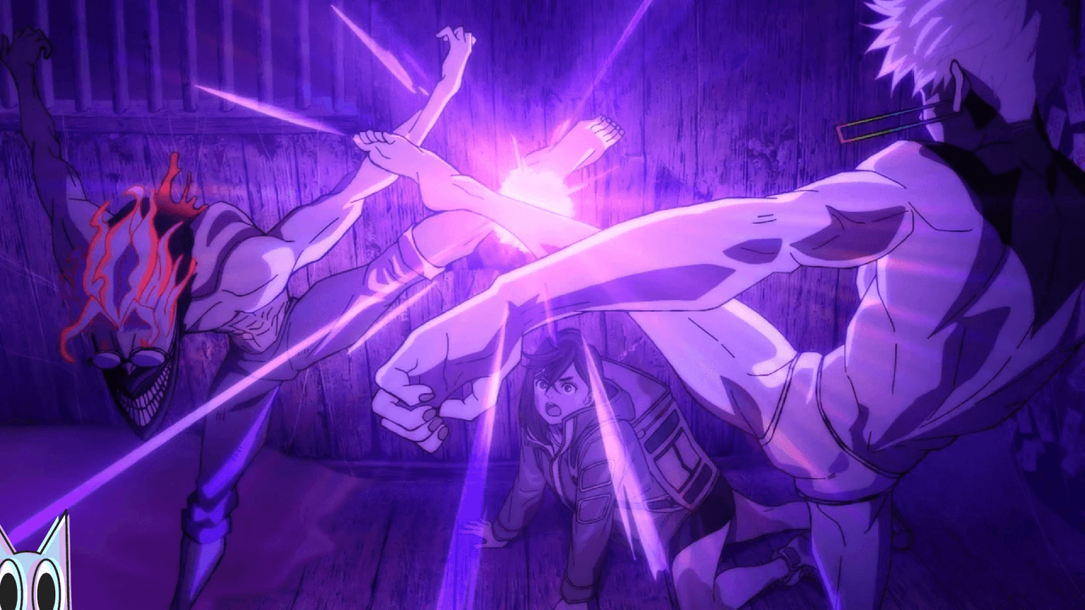 Okarun em fúria lutando contra Jiji e Momo usando seus poderes em uma montagem da análise do episódio 3 da 2ª temporada de Dandadan.