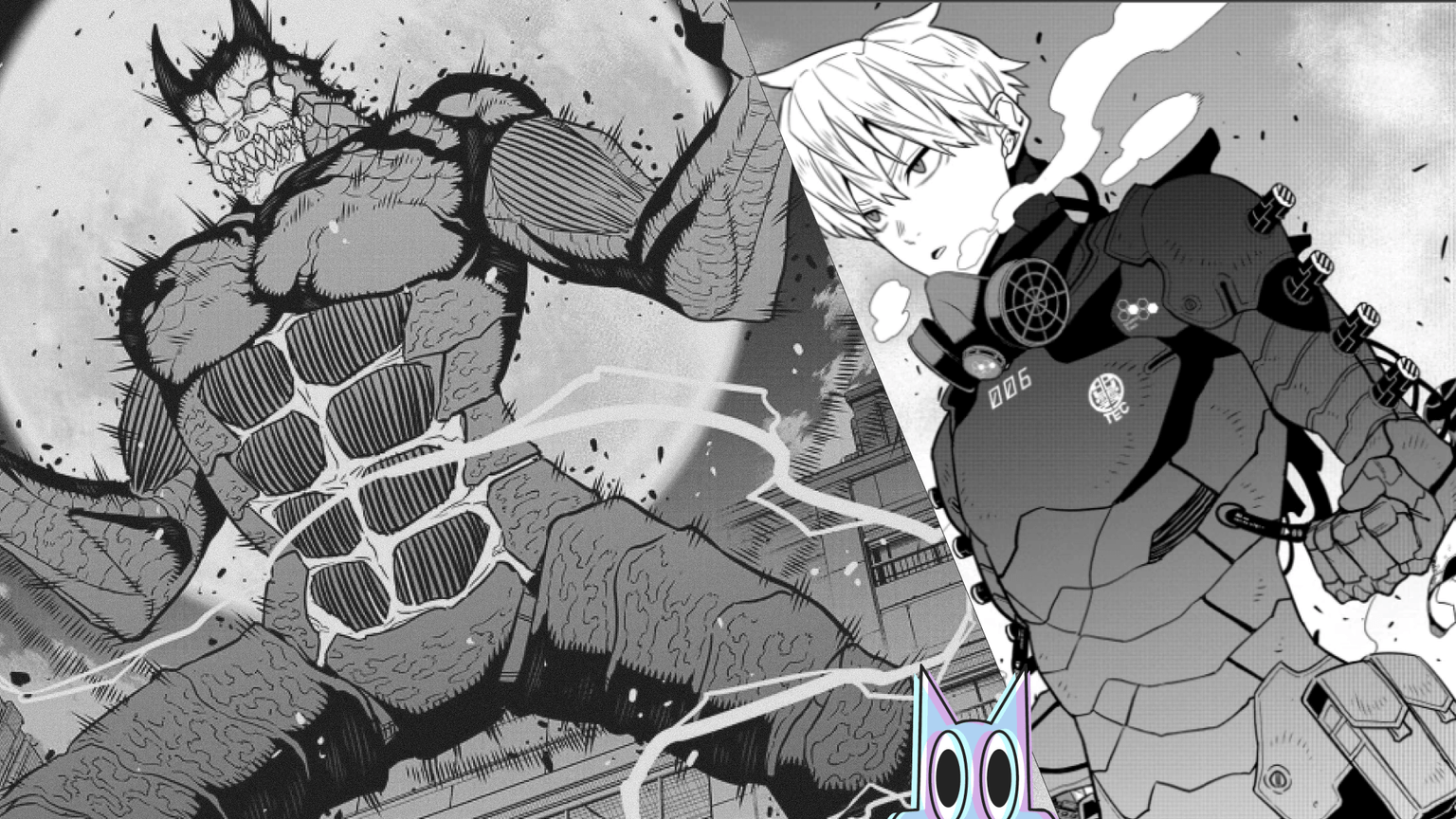 Os membros mais fortes da Força de Defesa de Kaiju No. 8, com Reno Ichikawa em pose de batalha.