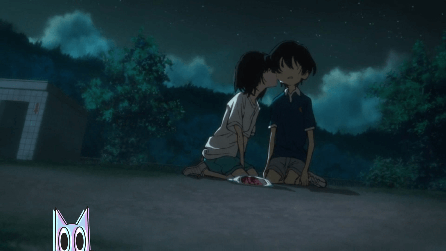 Shizuka com um olhar calculista e Naoki em desespero em uma montagem da análise do episódio 4 de Takopis Original Sin.