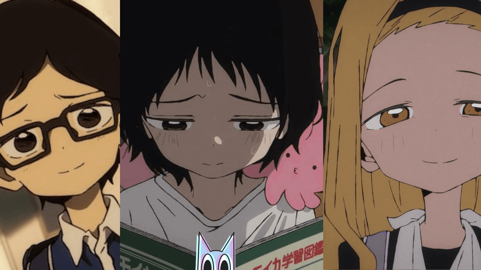 Uma montagem com os rostos de Takopi, Shizuka, Marina e Naoki com uma expressão feliz