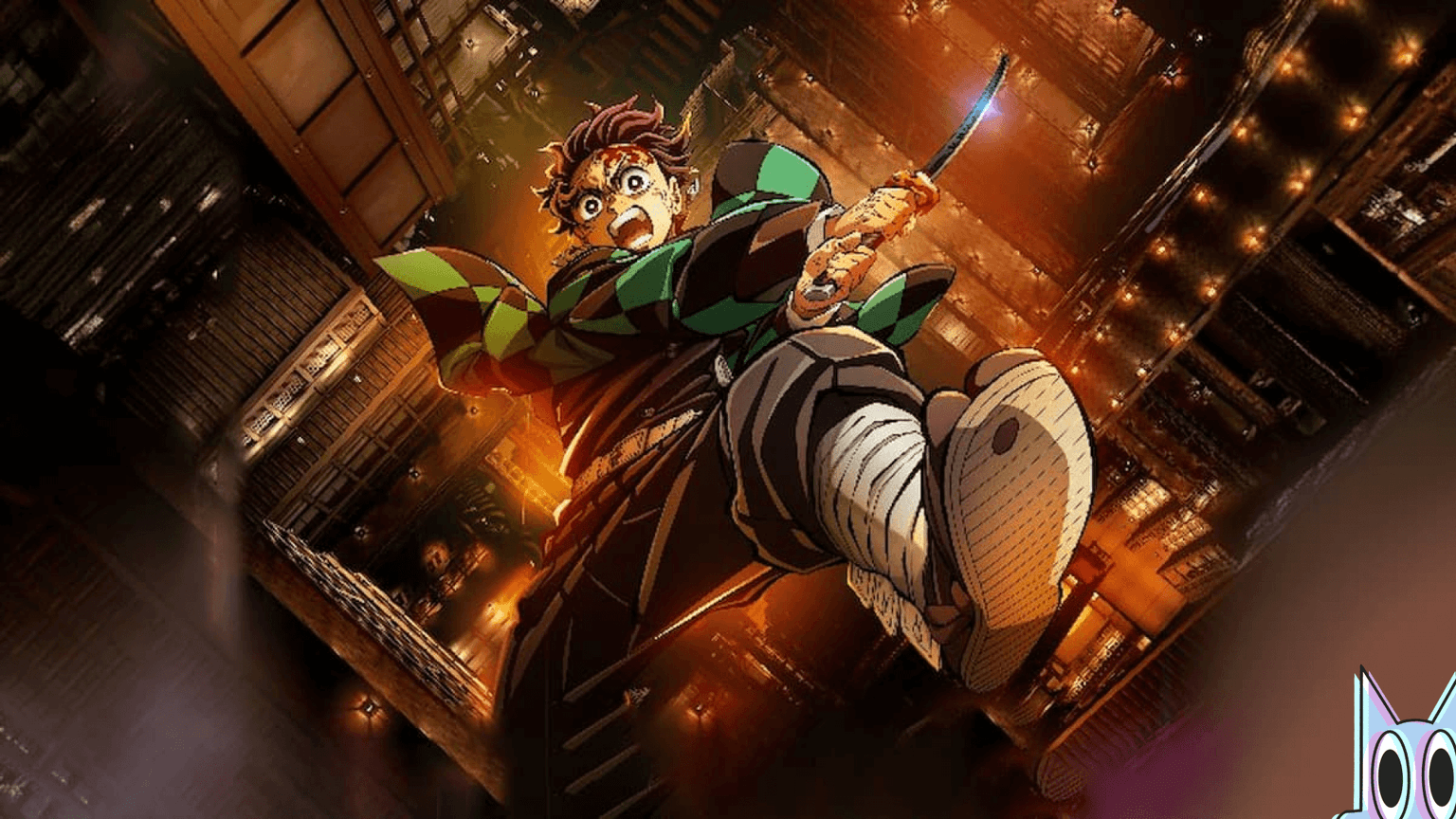 Arte promocional do filme do Castelo Infinito de Demon Slayer, com Tanjiro em destaque caindo no Castelo Infinito.