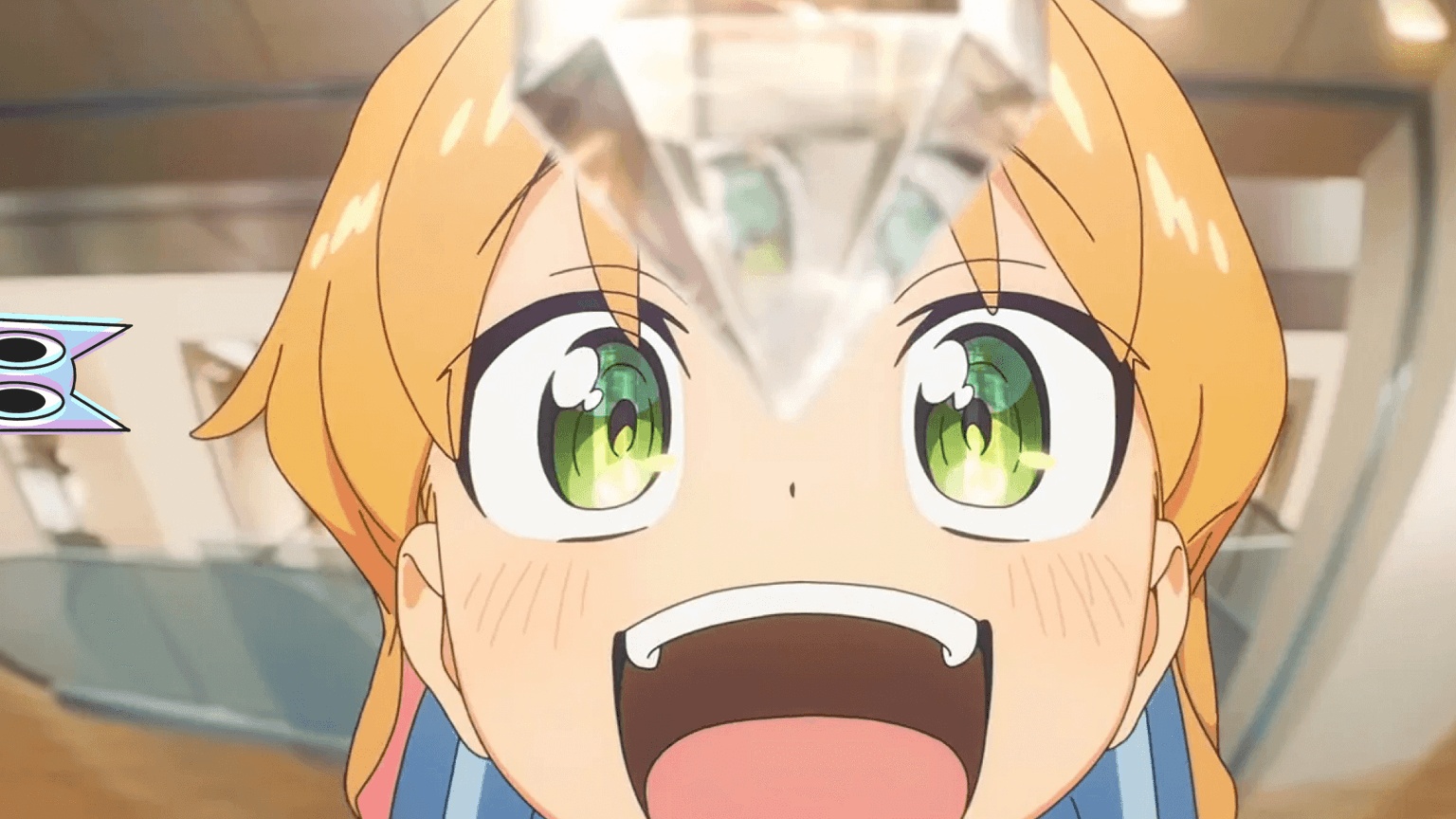 Ruri, a protagonista de Ruri Rocks, observando um mineral brilhante em uma cena do anime.