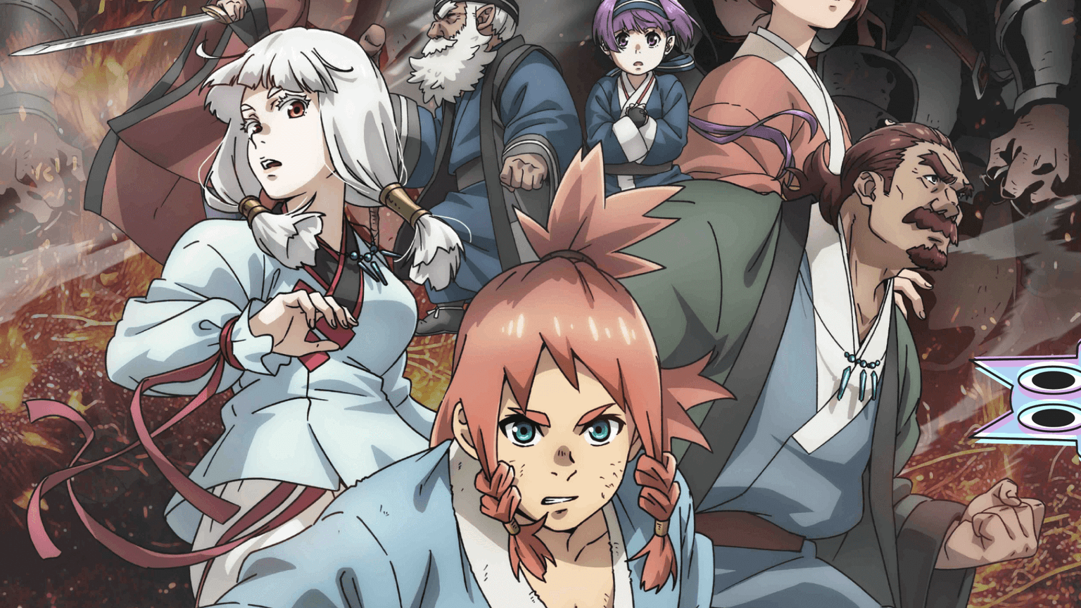 Kai, o protagonista de Teogonia, em uma cena de batalha do anime de fantasia sombria.