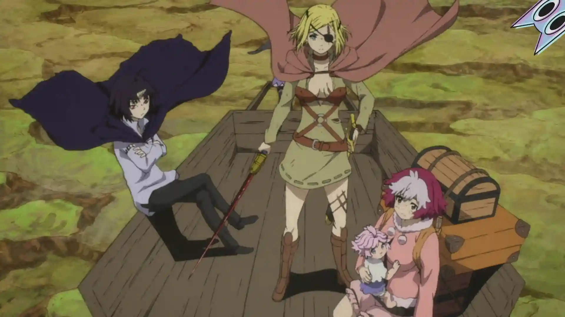 Montagem com os personagens principais de Clevatess: O Rei Demônio Clevatess, a heroína Alicia, a bebê Luna e a Nelluru.