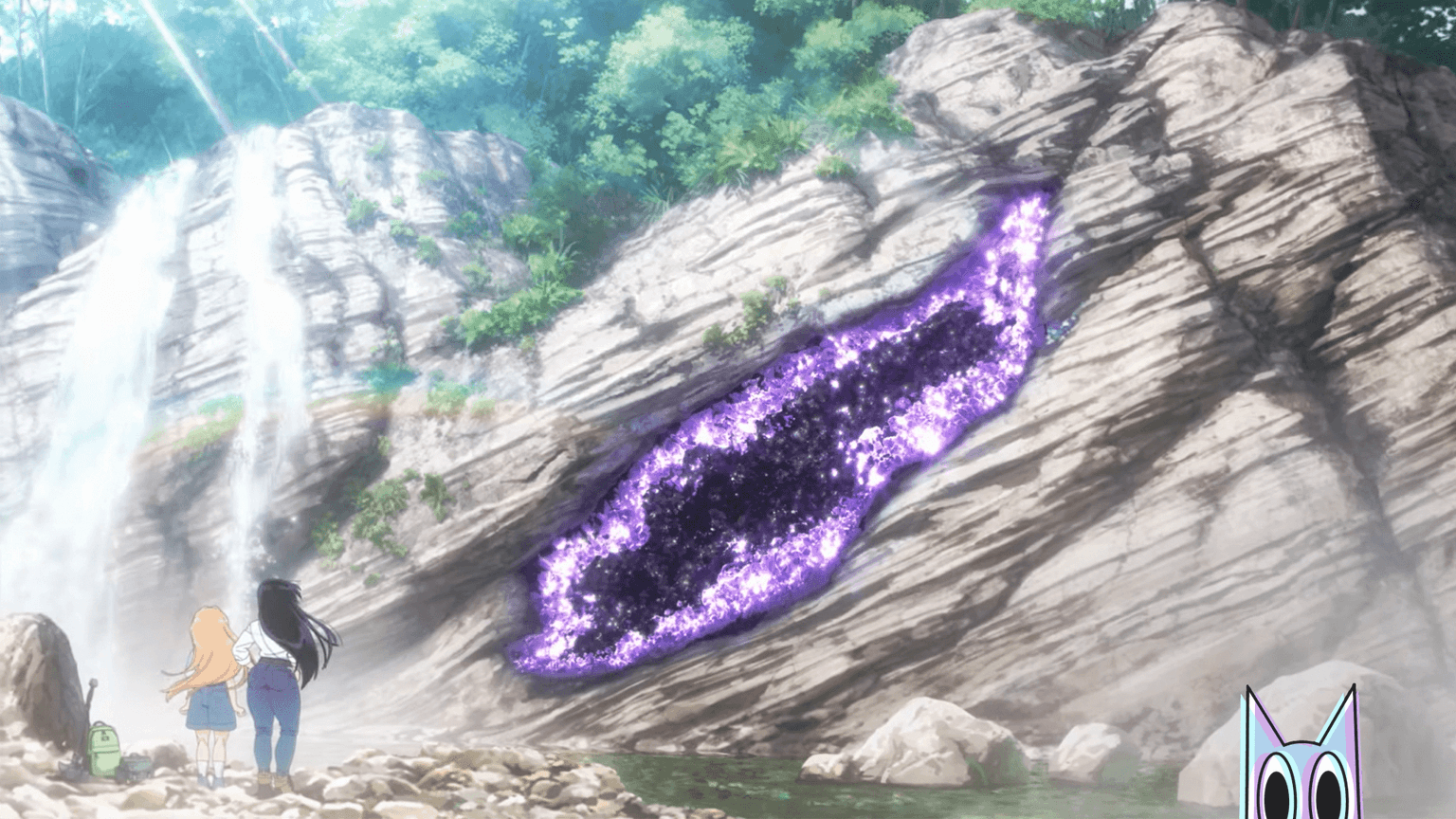 Ruri Tanigawa e Nagi Arato, olhando com admiração para um cristal de quartzo em uma cena do primeiro episódio.