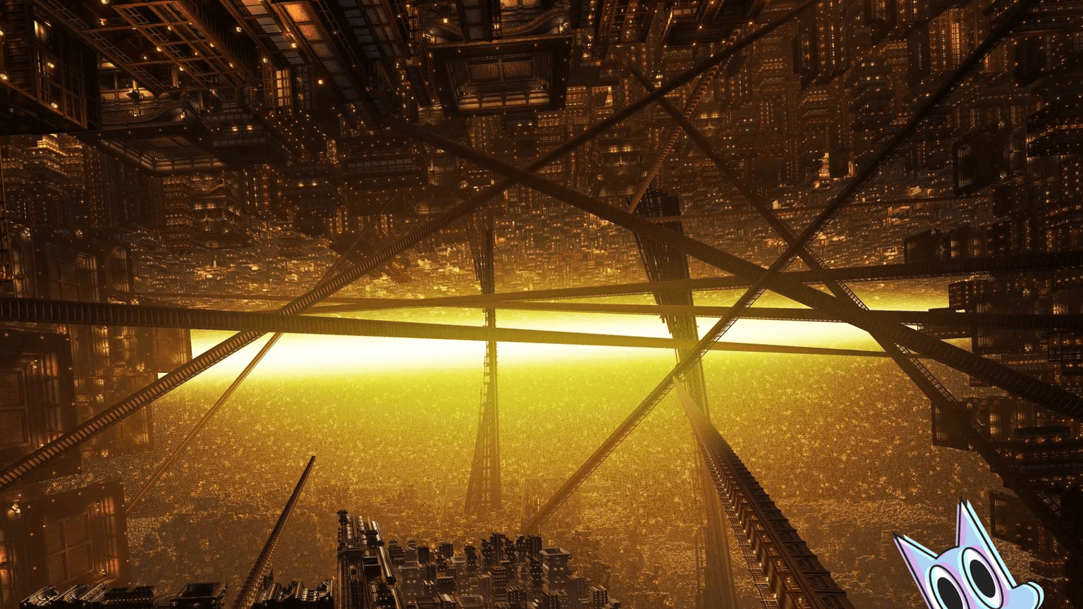 Visão interna do labiríntico e surreal Castelo Infinito de Demon Slayer, com suas escadas e plataformas desafiando a gravidade.