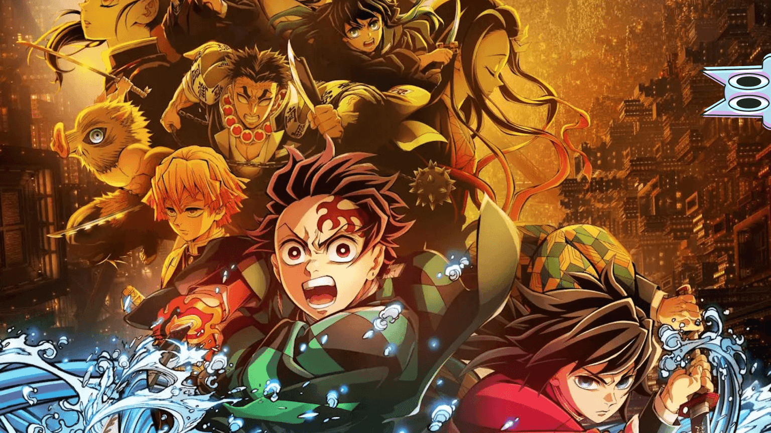 Pôster de anúncio da trilogia de filmes do Castelo Infinito de Demon Slayer, com vários personagens da franquia em destaque