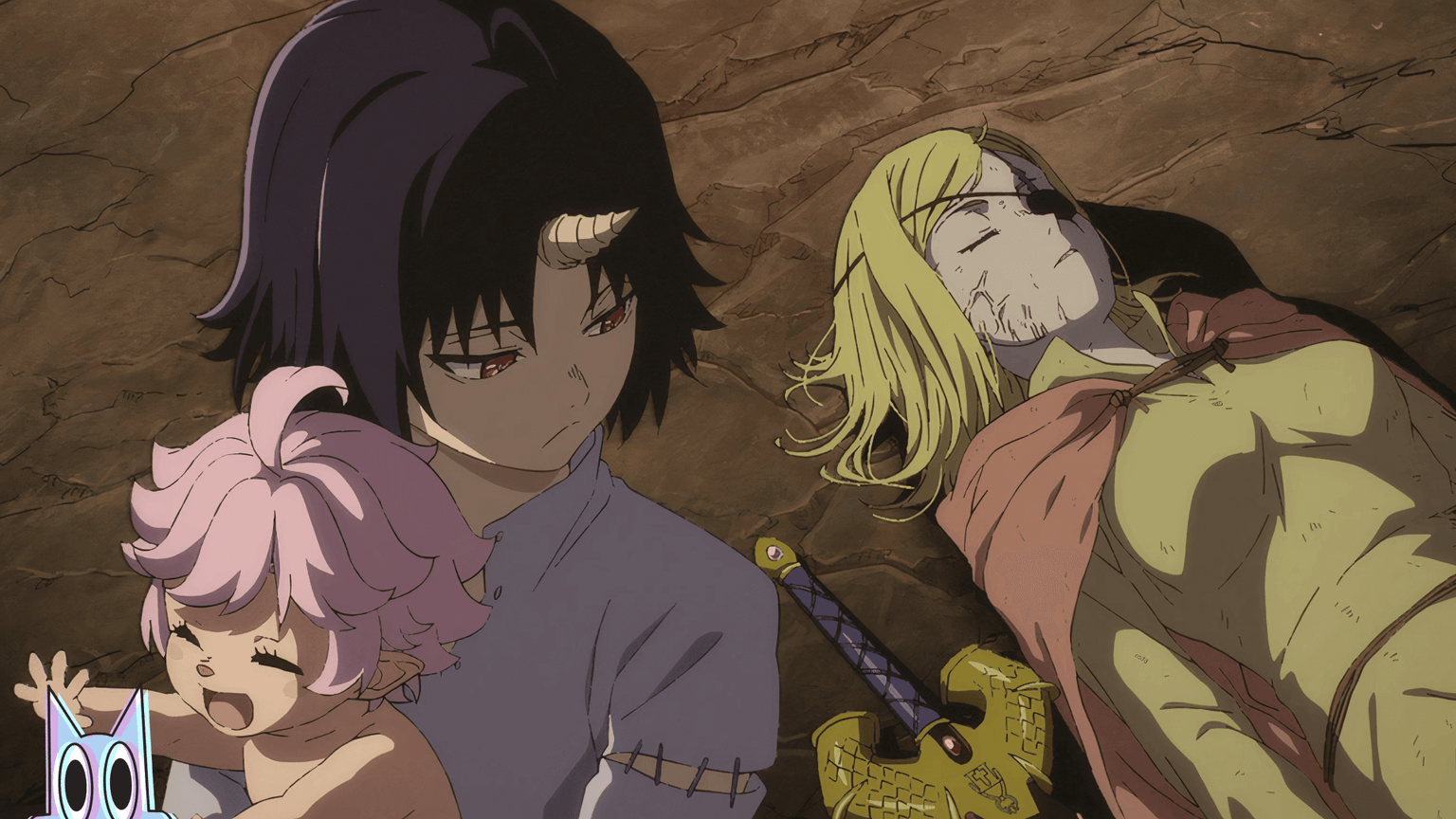 Alicia caida, enquanto Clevatess segura Luna e cura Nelluru.