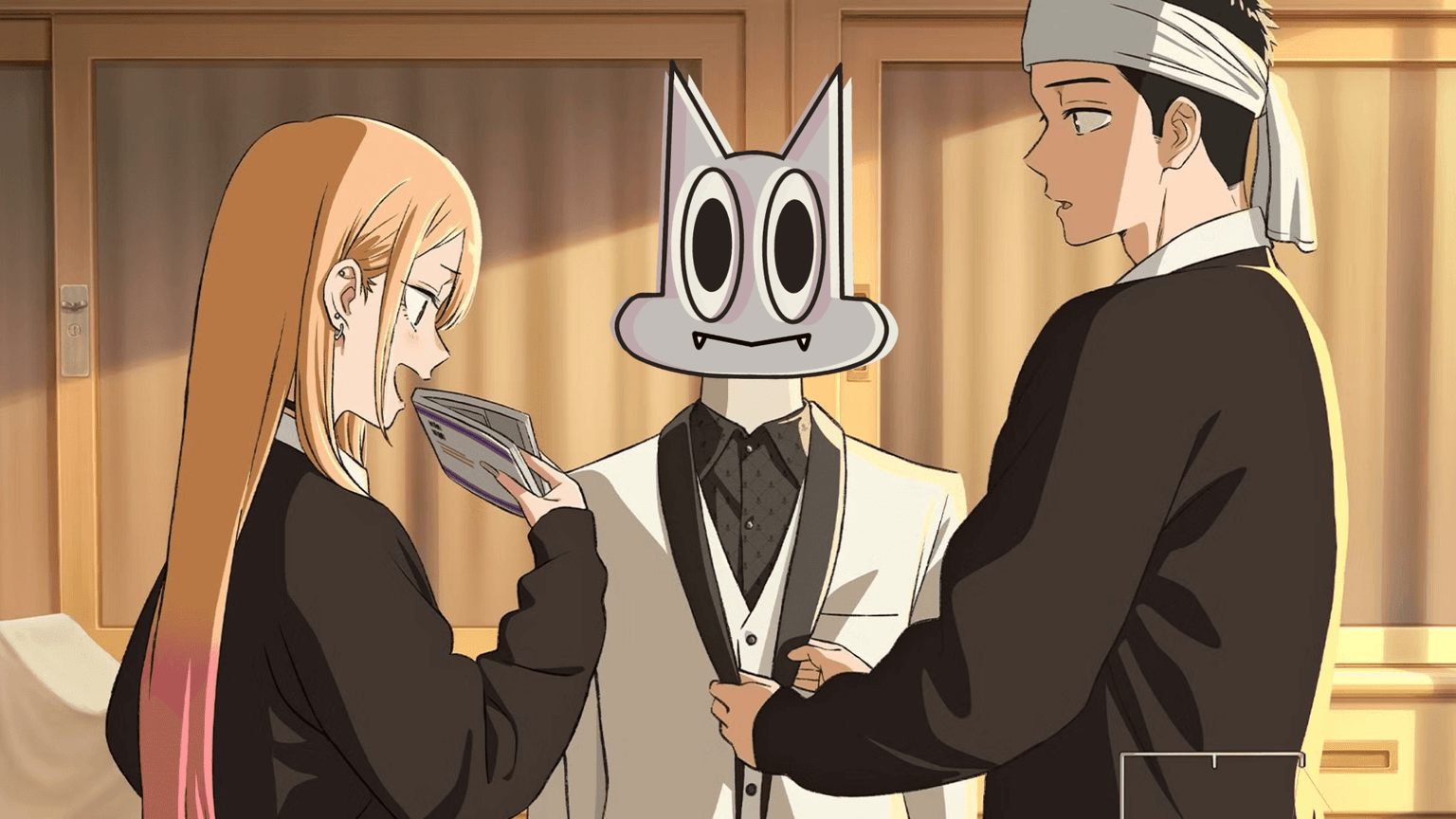 Marin Kitagawa e Wakana Gojo em uma arte promocional da 2ª temporada de My Dress-Up Darling, com a pergunta 'Onde Assistir?'