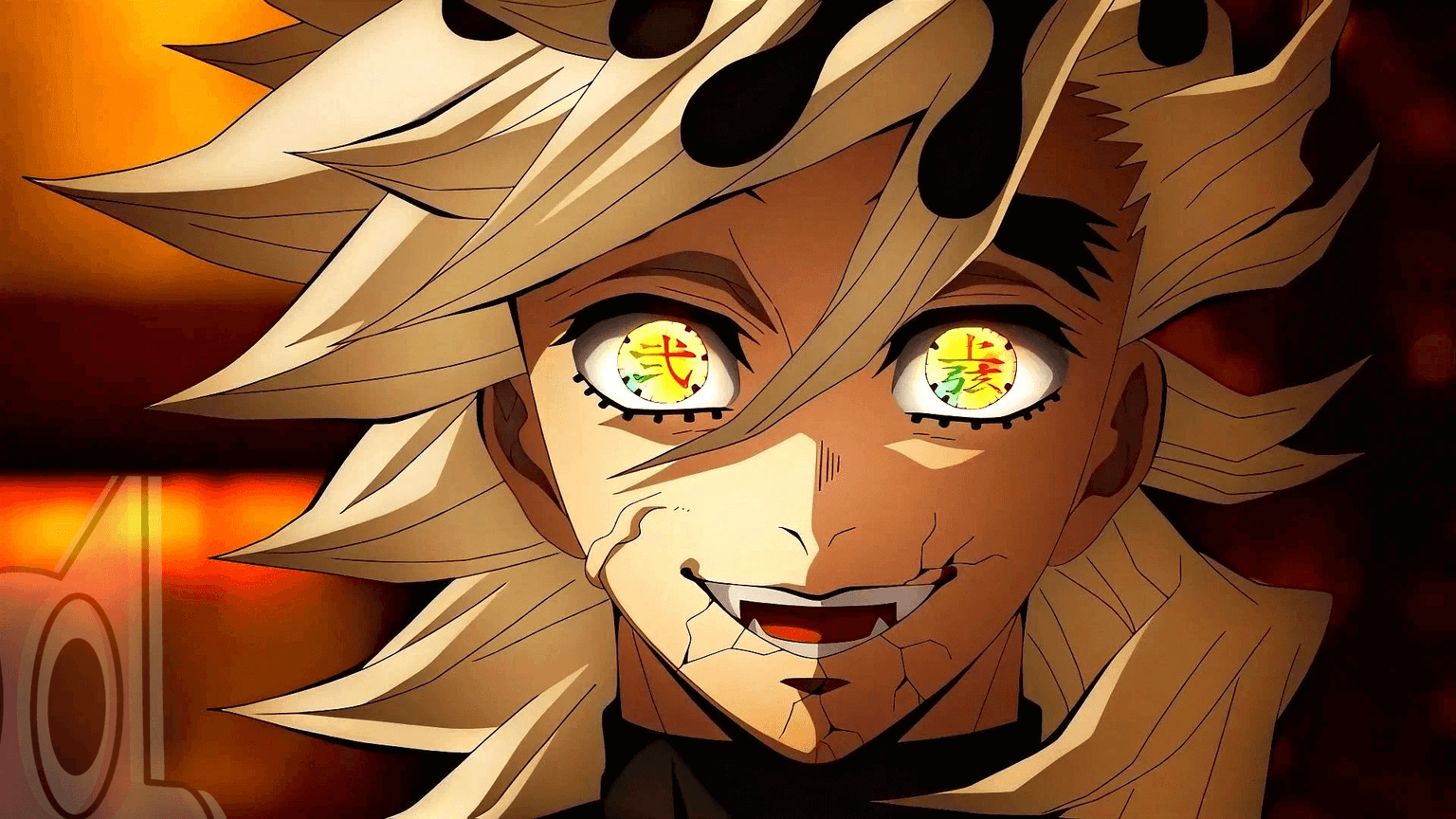 O vilão Doma, Lua Superior 2, com seu sorriso característico em destaque no novo teaser do filme do Castelo Infinito de Demon Slayer.