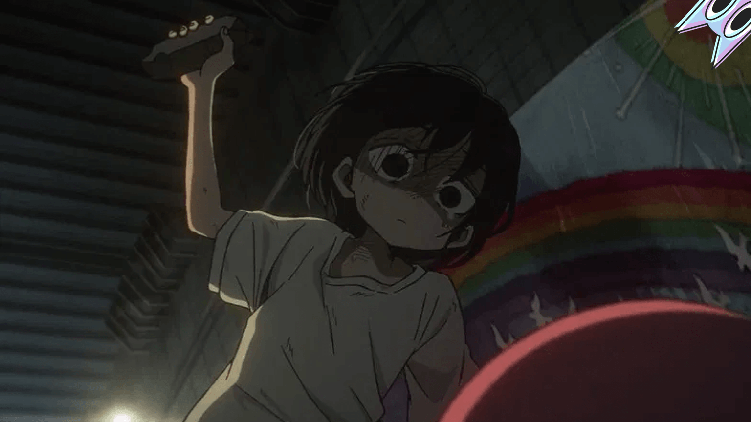 Shizuca com o olhar sombrio, segurando uma pedra, pronta para atacar Takopi.