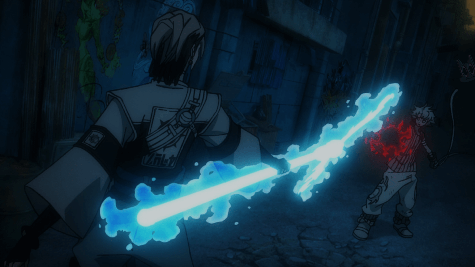 Rudo treinando com seu desentupidor contra Zanka, em uma cena da análise do episódio 3 de Gachiakuta.