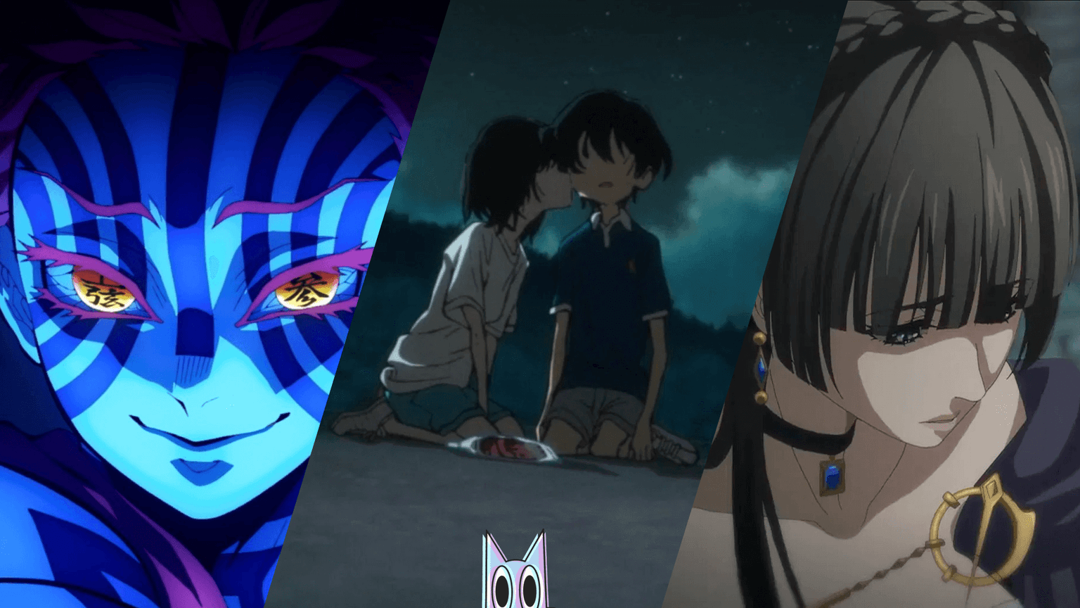 Montagem com os animes Takopis Original Sin,Demon Slayer e Lorf of the Mysteries sobrepostos.