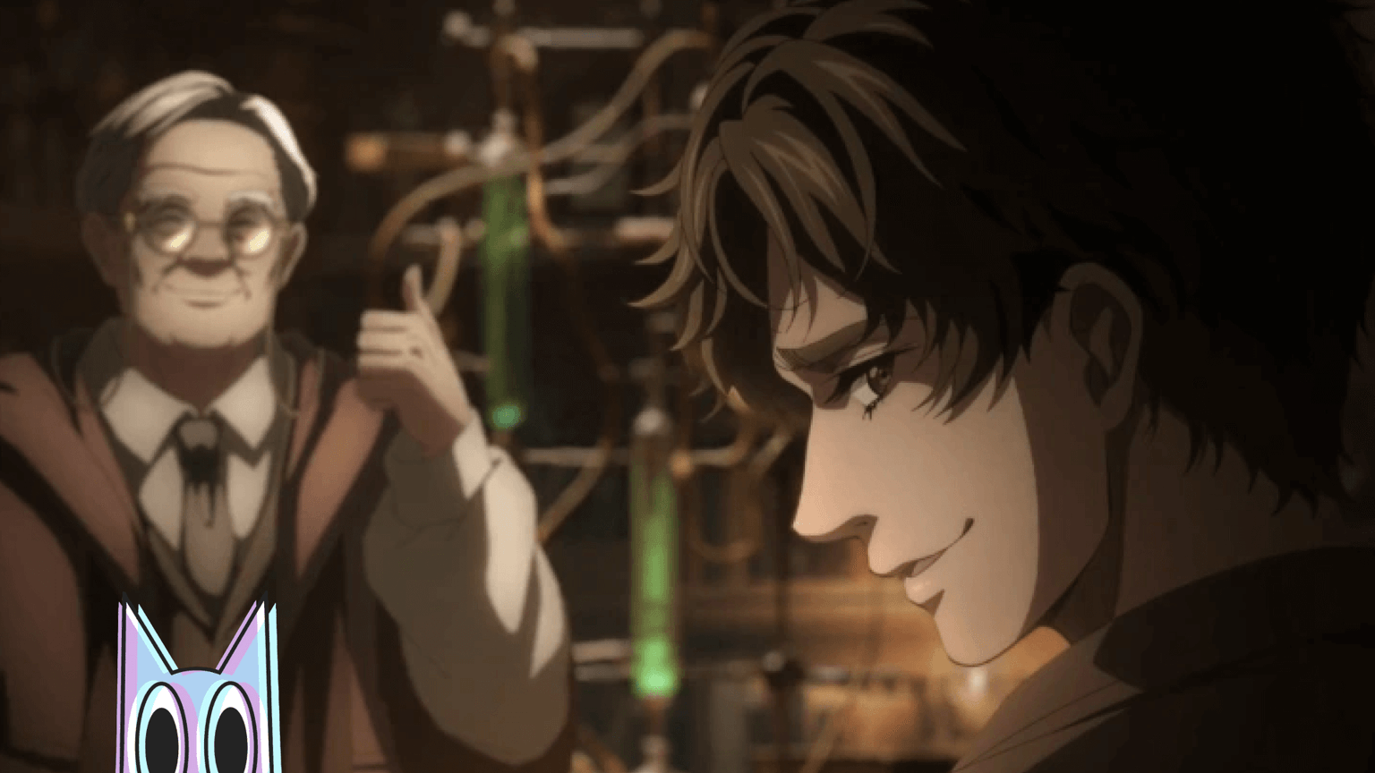 Klein Moretti em frente ao Capitão Dunn Smith e outros membros dos Nighthawks, em uma cena do episódio 2 de Lord of the Mysteries.