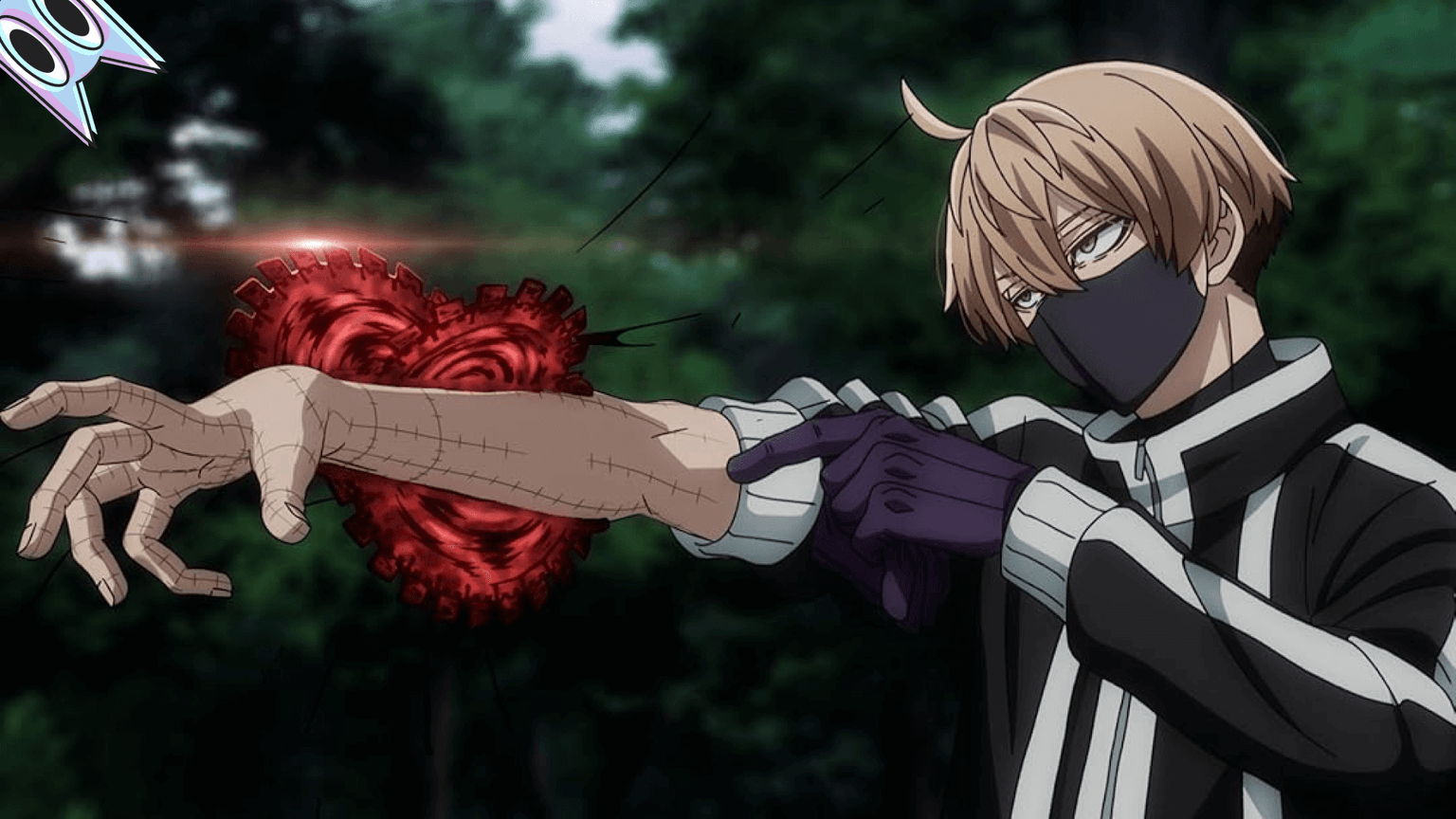 Jin Kougasaki em seu modo Eclipse de Sangue, com seu sangue formando armas, em uma análise do poder dos Oni em Tougen Anki.