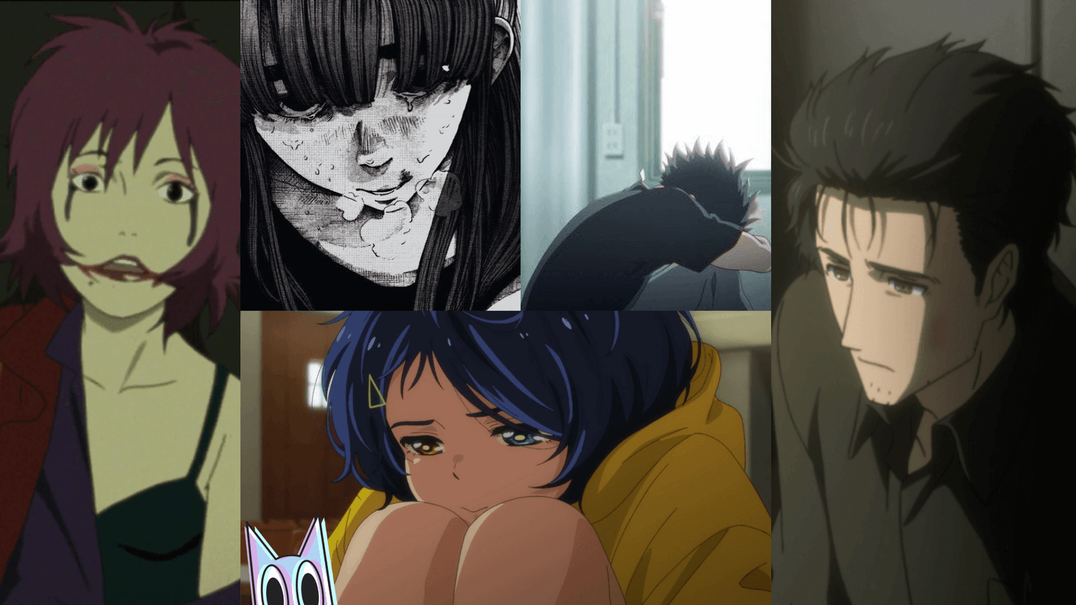 Montagem com imagens dos animes e mangás da lista, como Oyasumi Punpun e Wonder Egg Priority, com uma estética sombria e psicológica.