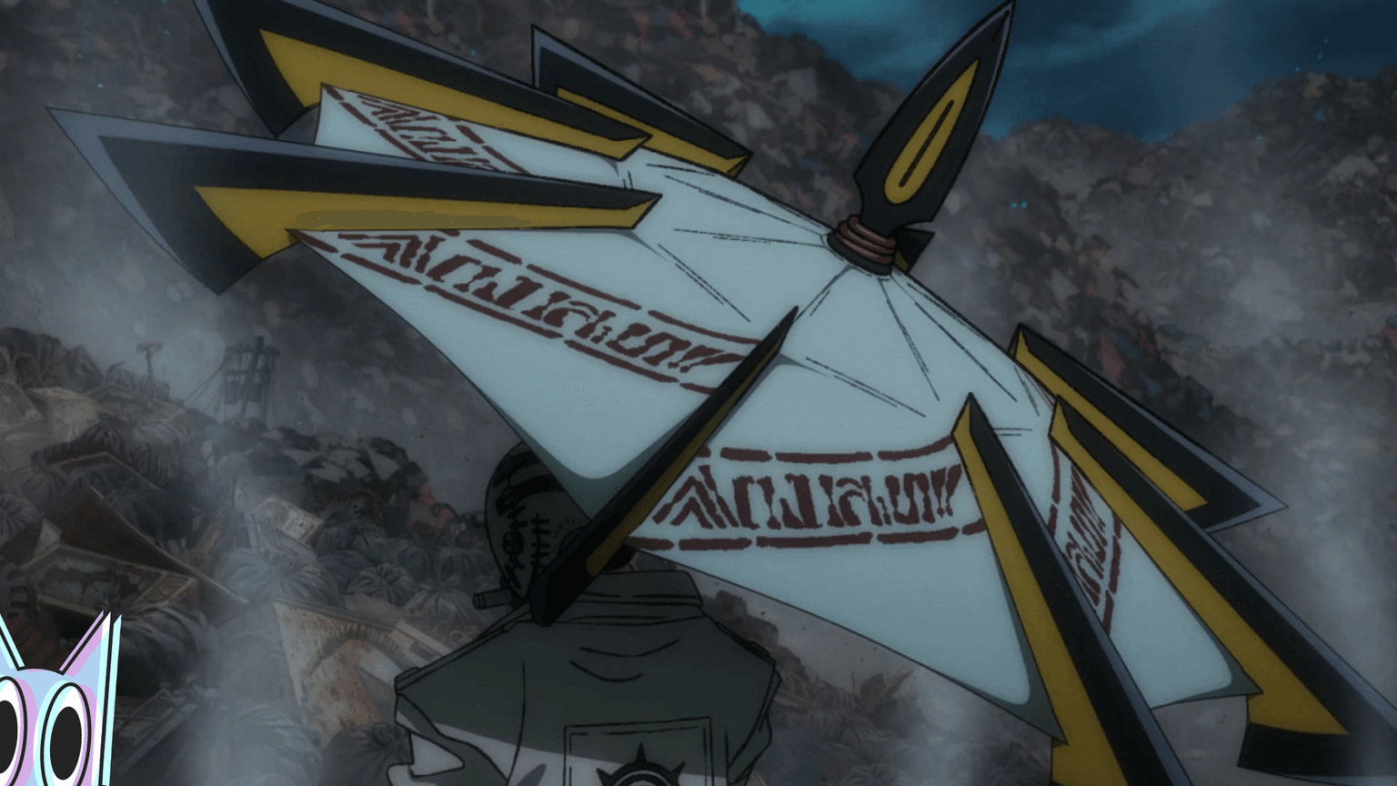 Enjin segurando seu Jinki (Instrumento Vital), ilustrando o sistema de poder de Gachiakuta.