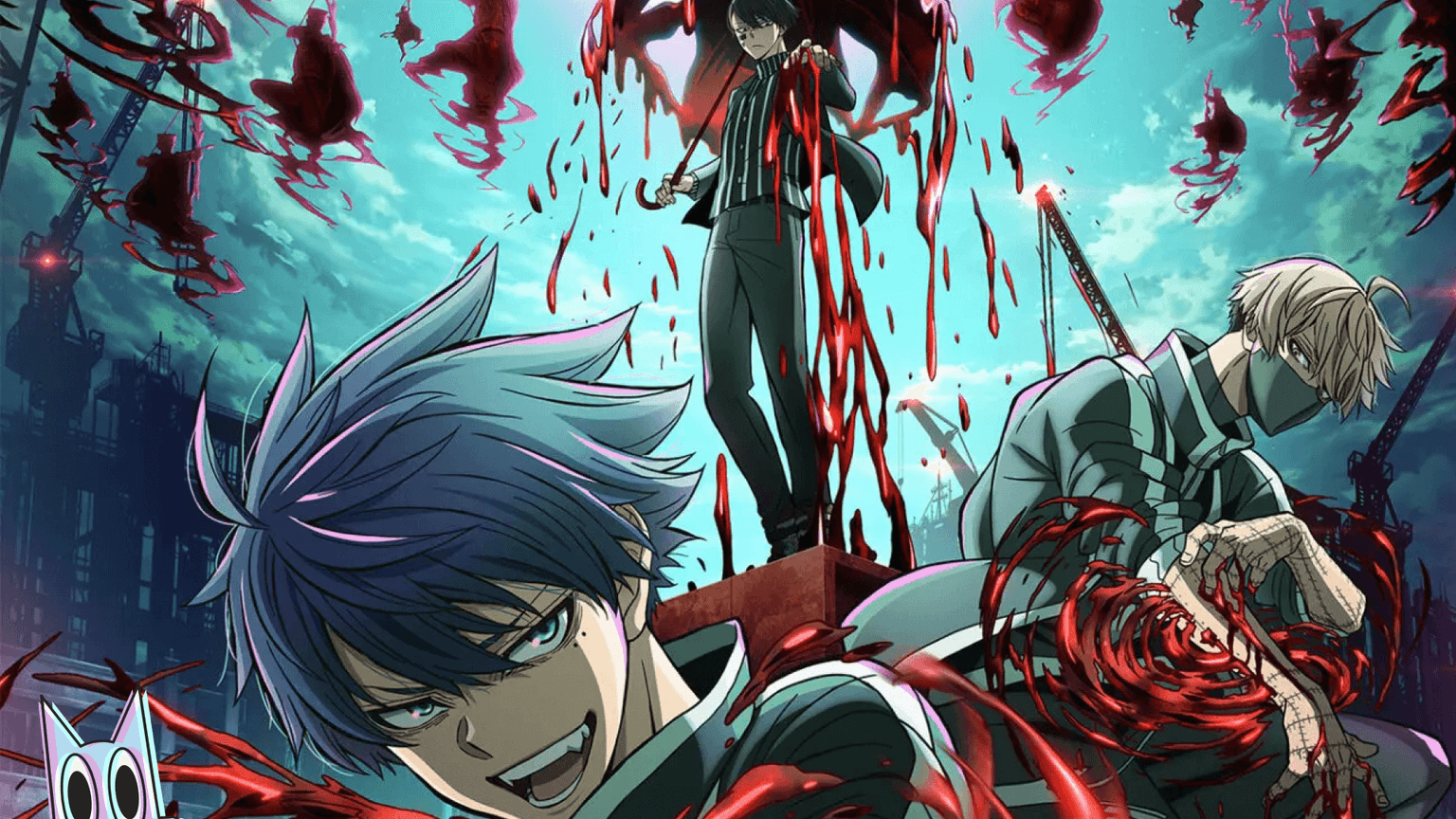 O protagonista Shiki Ichinose, o professor Naito Mudano e o rival Jin Kougasaki, em um guia sobre a raça e seus poderes em Tougen Anki.