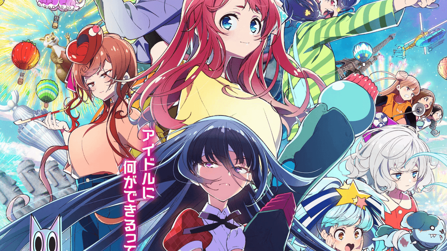 O grupo de idols Franchouchou em uma performance energética no palco, na arte promocional do filme de ZOMBIE LAND SAGA.