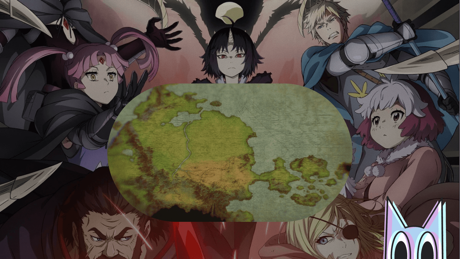 Um mapa estilizado do continente de Edthea, mostrando os diferentes reinos e territórios das raças de Clevatess.