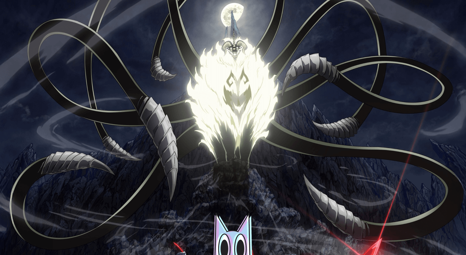 O Rei Demônio Clevatess em sua forma de lobo demoníaco, no topo da montanha da lua, em um guia sobre o personagem.