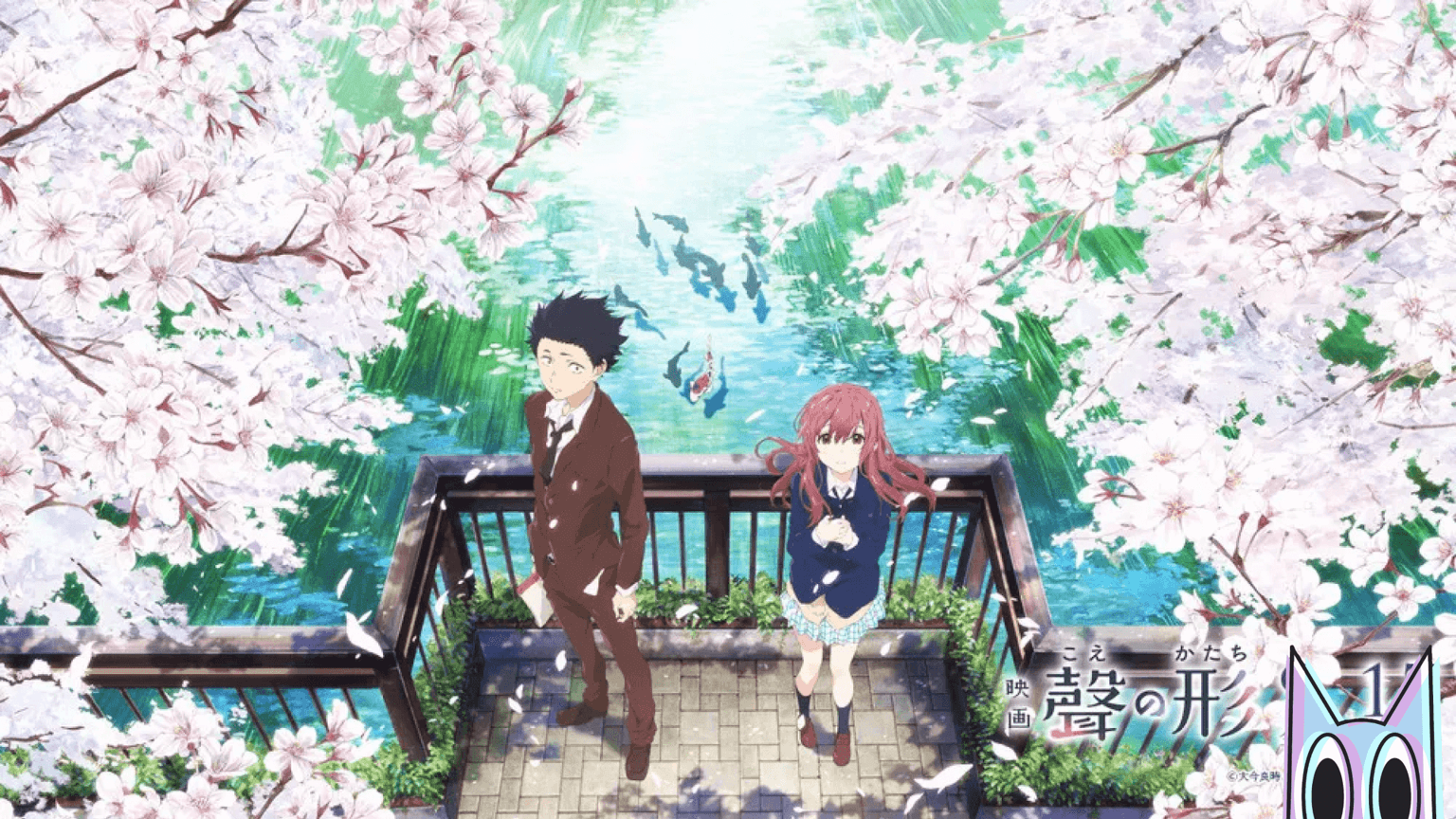 Shoya Ishida e Shoko Nishimiya na ponte, em uma cena icônica e emocional do filme Koe no Katachi (A Voz do Silêncio).