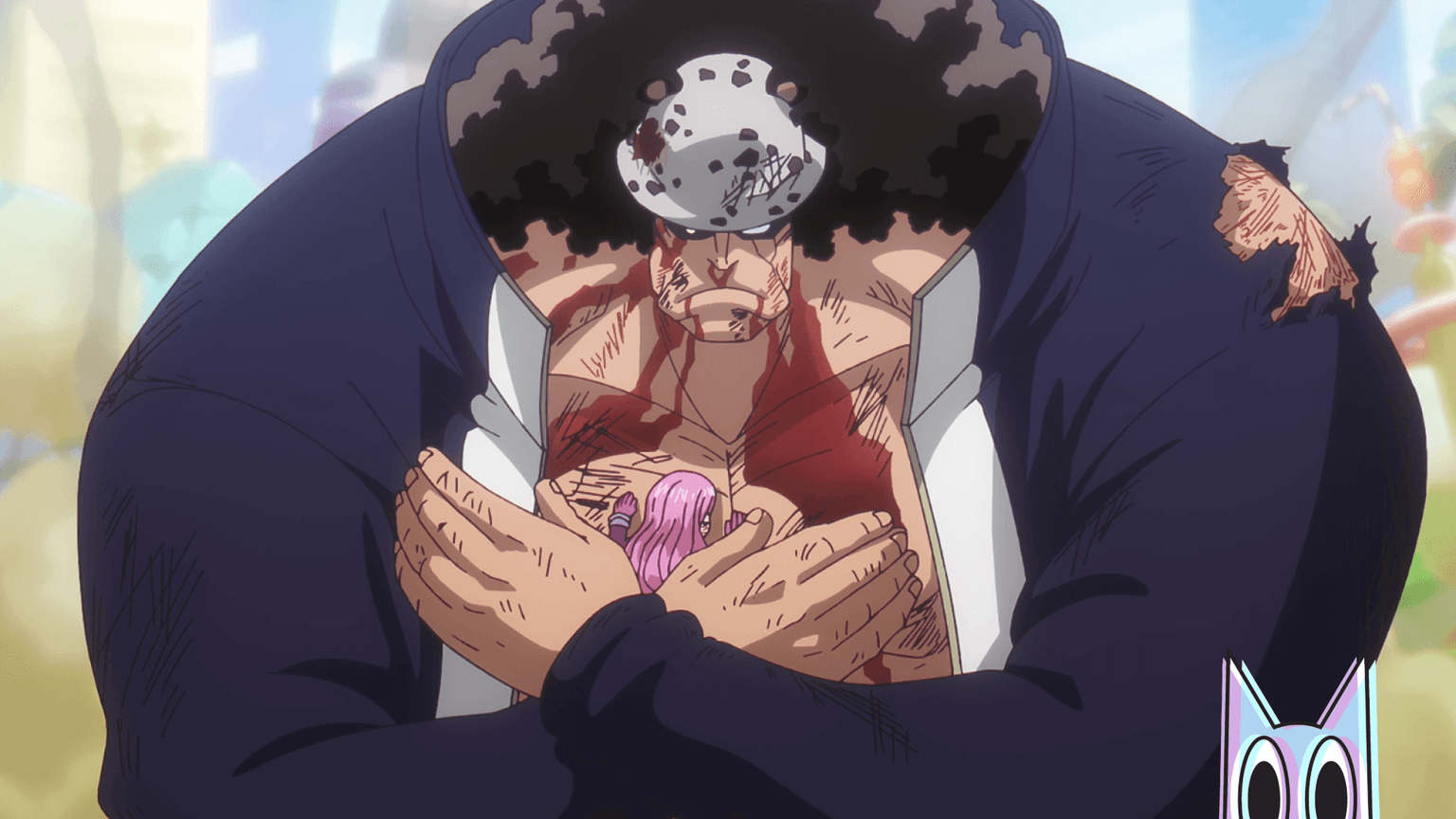 Bonney abraçando seu pai, Bartholomew Kuma, em uma cena emocionante, na análise do episódio 1138 de One Piece.