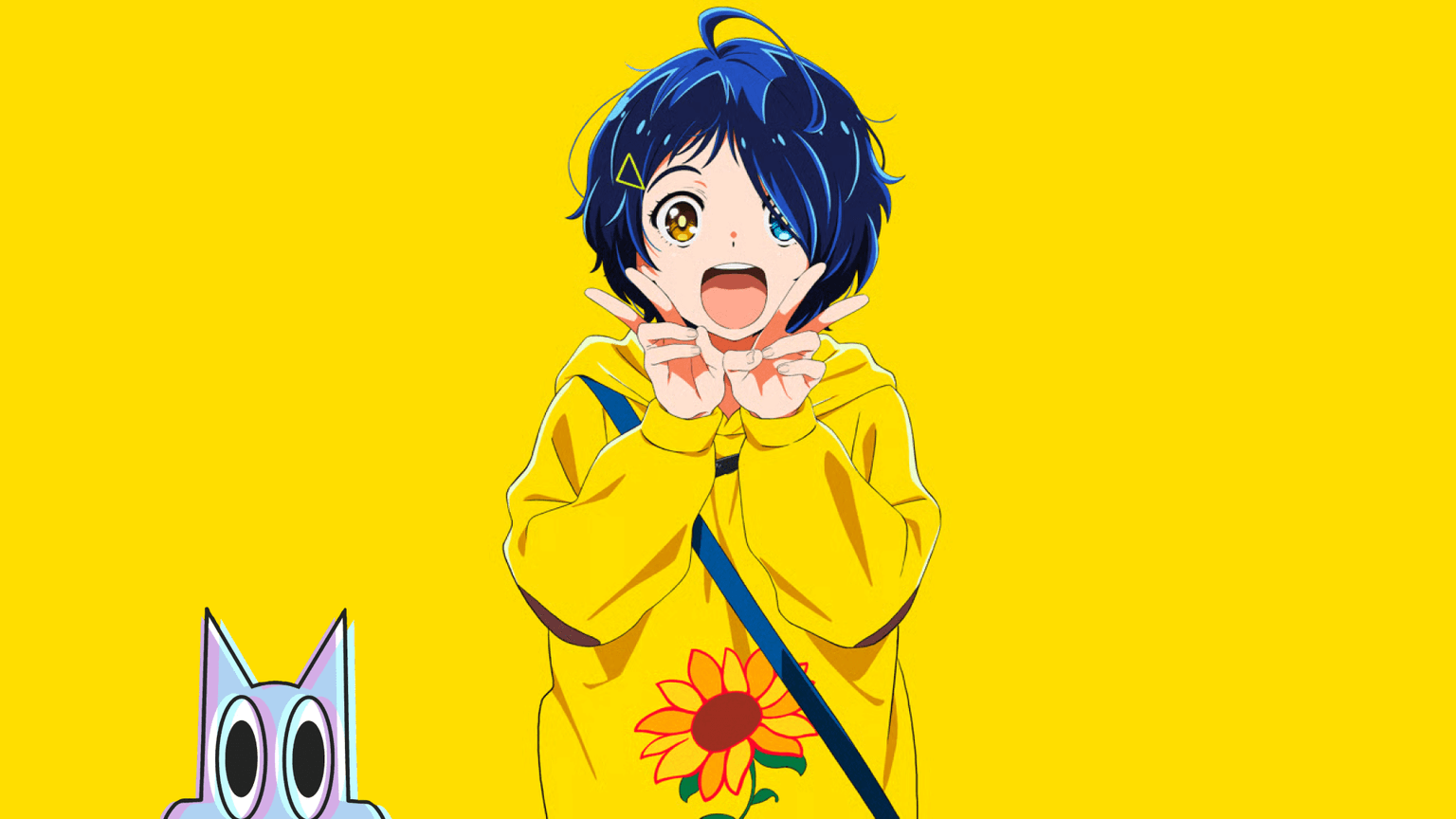A protagonista Ai Ohto sorrindo em um fundo amarelo do anime Wonder Egg Priority.