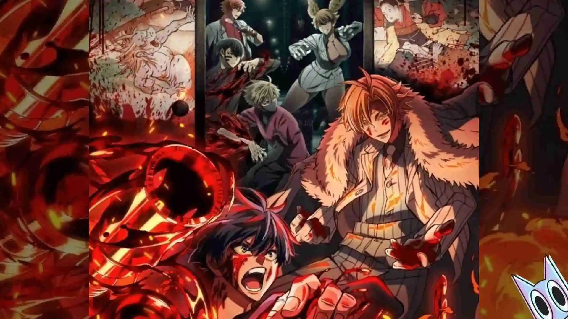 Montagem com os personagens mais importantes de Tougen Anki, divididos entre a facção Oni e a Momotaro.