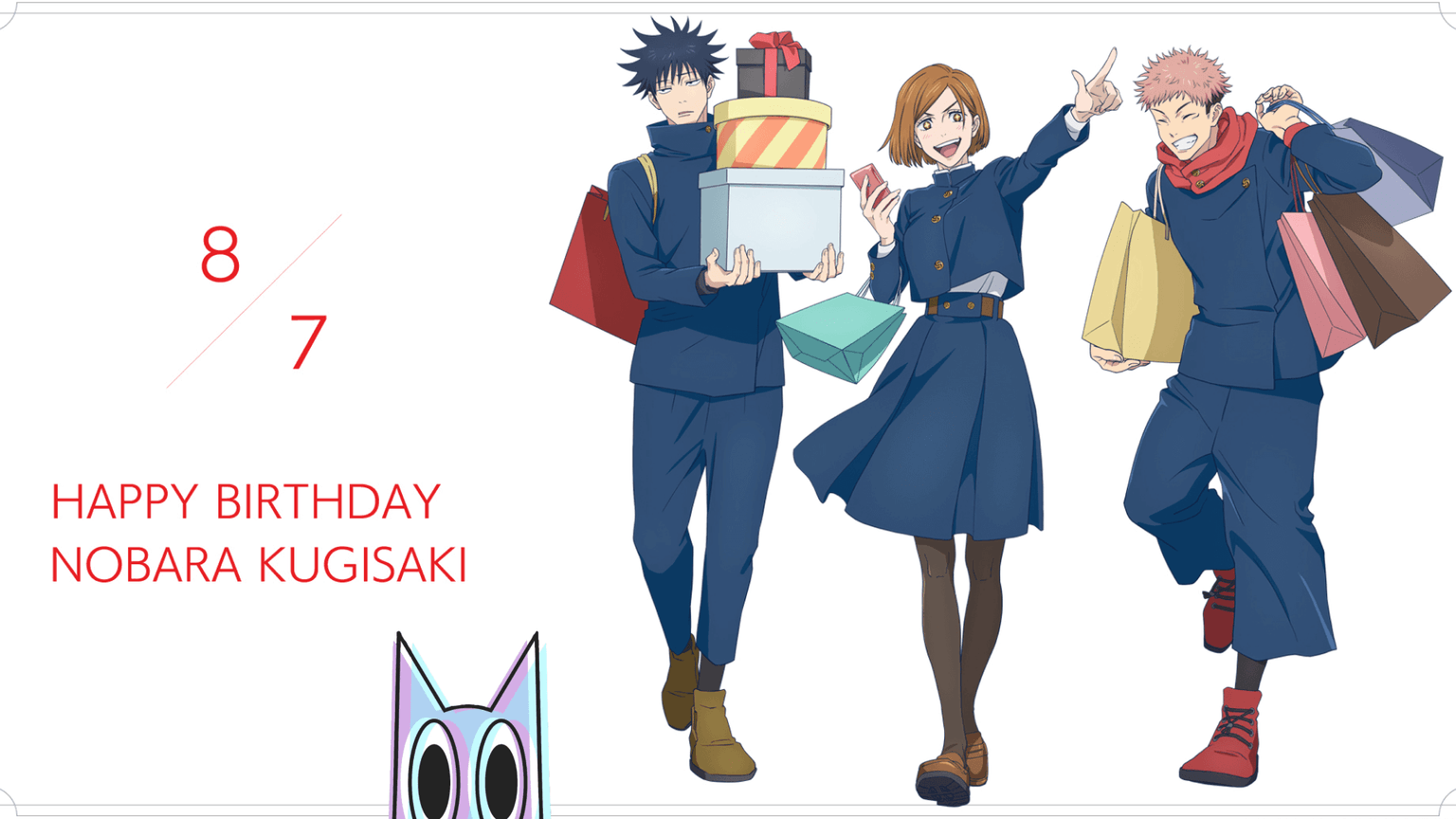 Nobara, Yuji e Megumi juntos e sorrindo na nova arte oficial do estúdio MAPPA para o aniversário de Nobara Kugisaki.