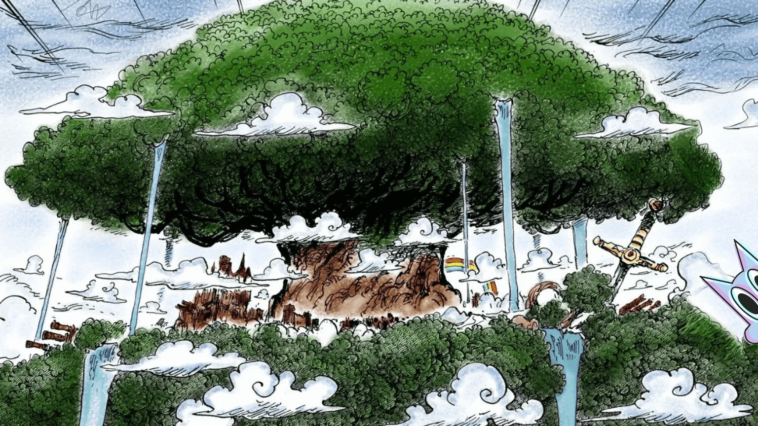 Paisagem épica de Elbaf vista de longe, com suas árvores, cenários gigantes e arquitetura nórdica, o lendário Reino dos Gigantes em One Piece.