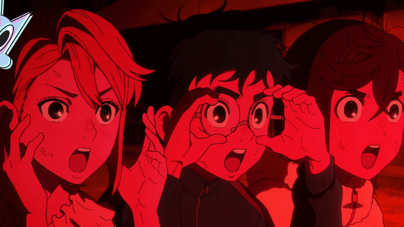 Momo Ayase, Aira e Okarun chocados com a apresentação da banda HAYASii, em uma montagem da análise do episódio 6 da 2ª temporada de Dan Da Dan.