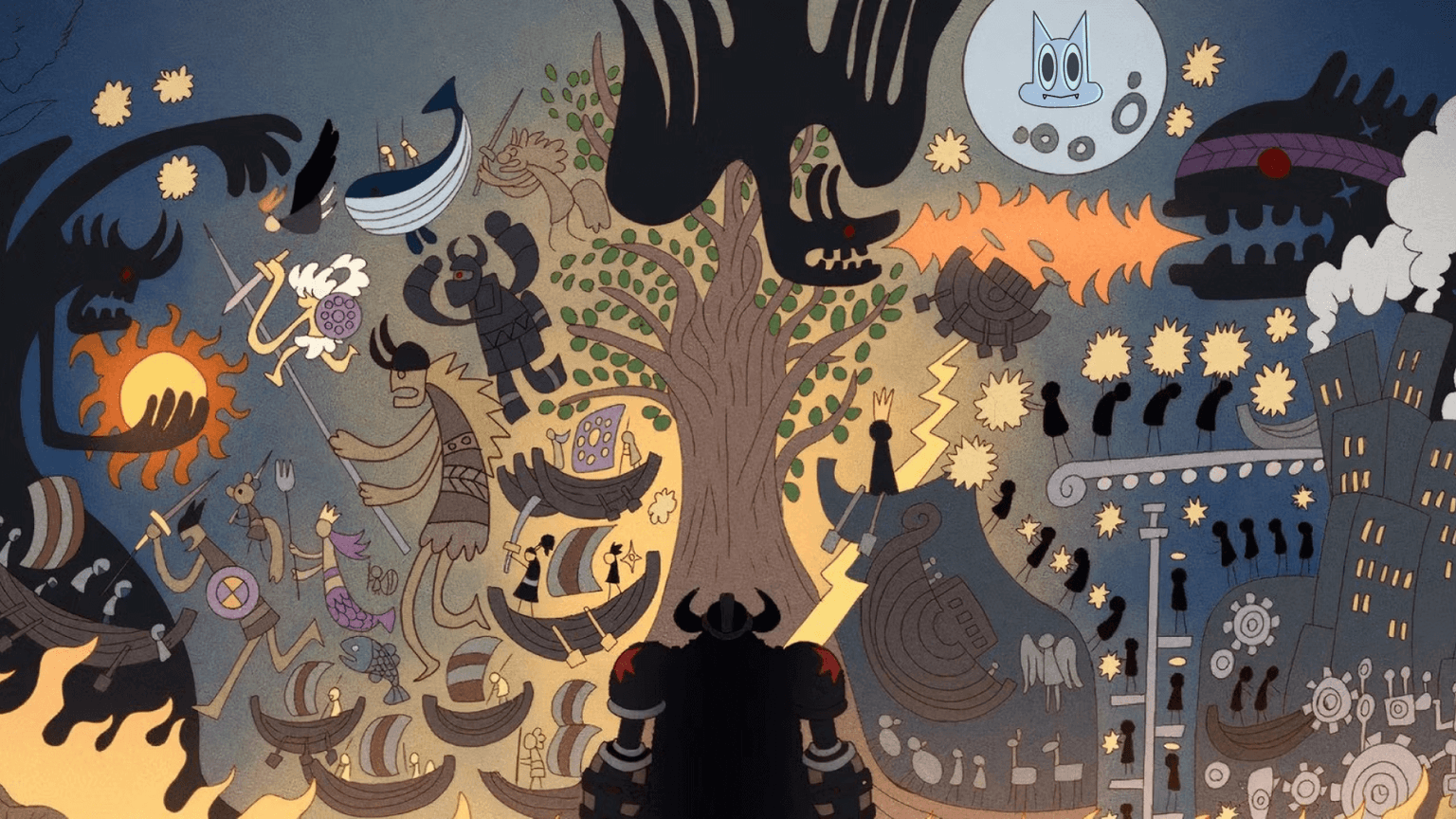 Franky olhando adimirado o mural ancestral de Elbaf, pintado pelas crianças gigantes do passado de One Piece.