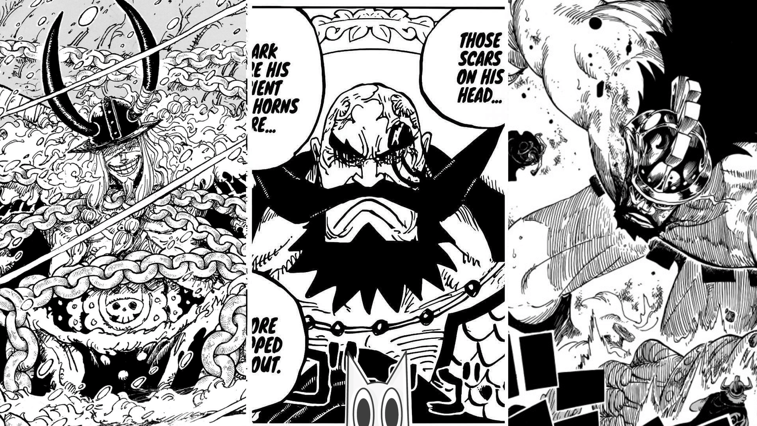 Montagem com os 5 gigantes mais importantes de Elbaf em One Piece: Loki, Hajrudin, Rei Harald, Jaguar D. Saul e o Ancião Jarul.