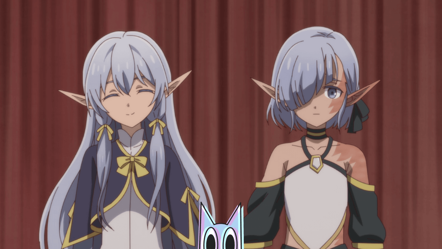 As gêmeas elfas Maria e Caria com expressões apáticas, em uma arte sombria da análise do episódio 6 de Apocalypse Bringer Mynoghra.