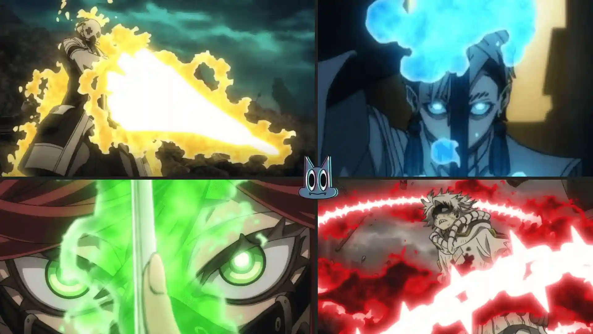 Um grupo de Givers de Gachiakuta, incluindo Rudo, Enjin, Zanka e Riyo, se preparando para a batalha com seus Instrumentos Vitais ativados.