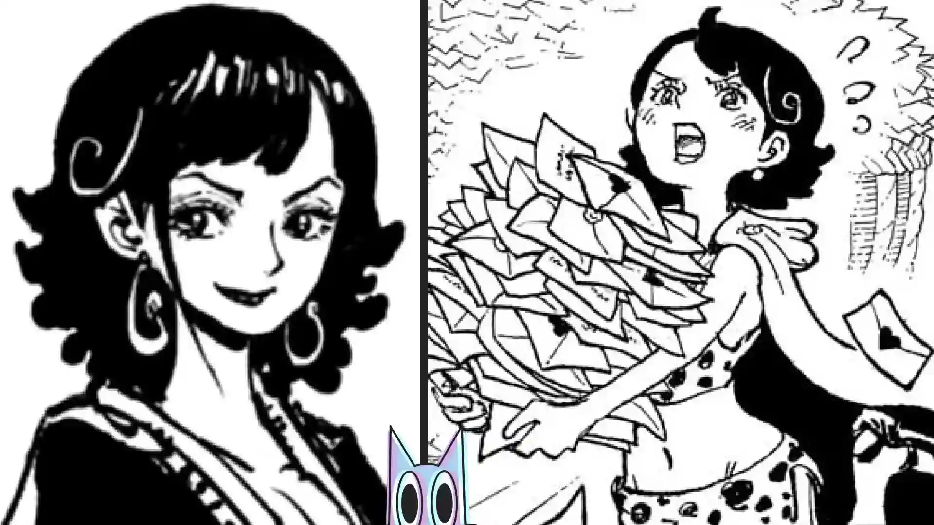 Montagem com as recentes aparições de Tritoma no manga de One Piece, ilustrando a teoria sobre a mãe de Luffy.