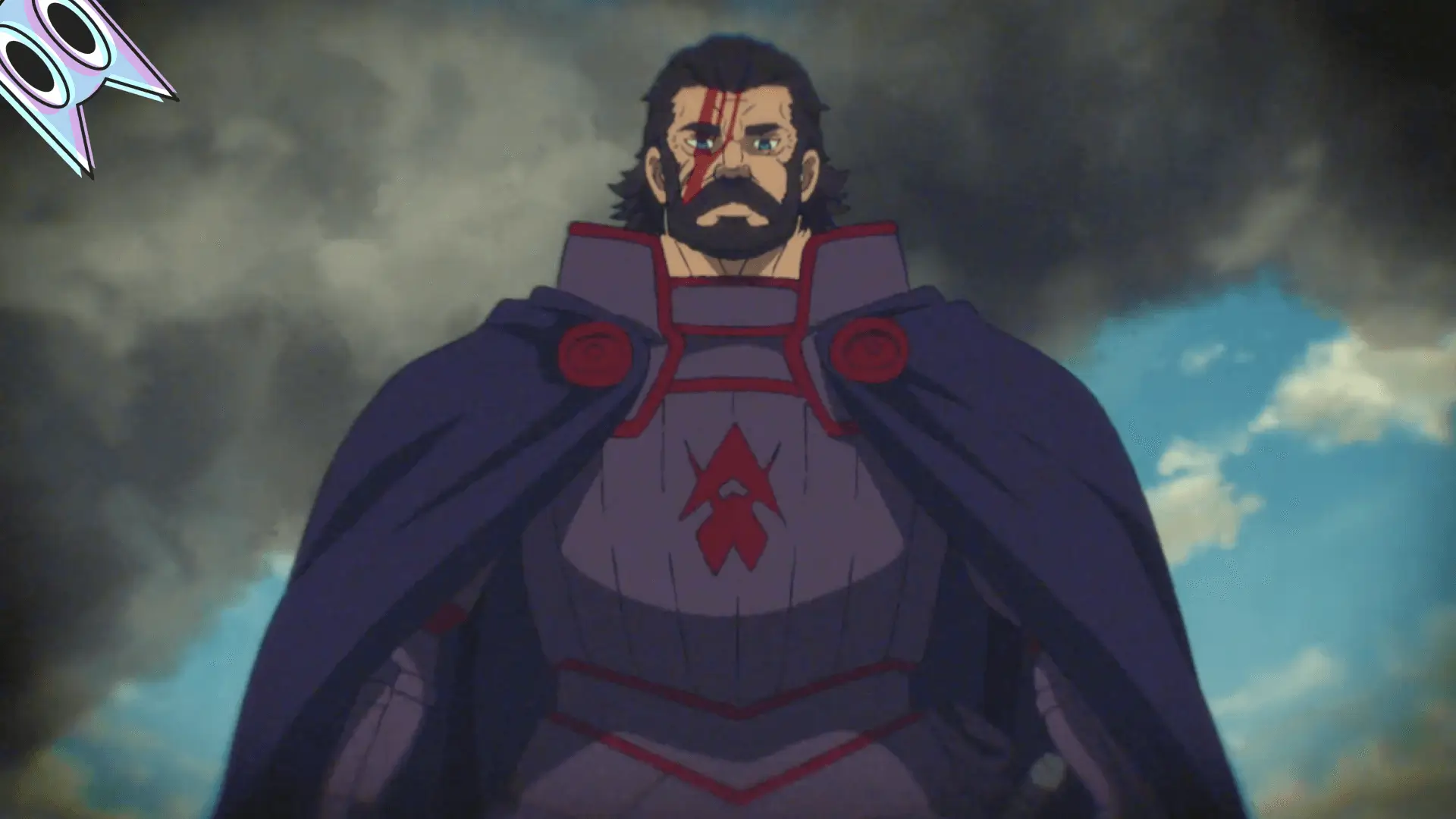 O General Drel com um olhar severo, em um guia sobre o vilão de Clevatess.