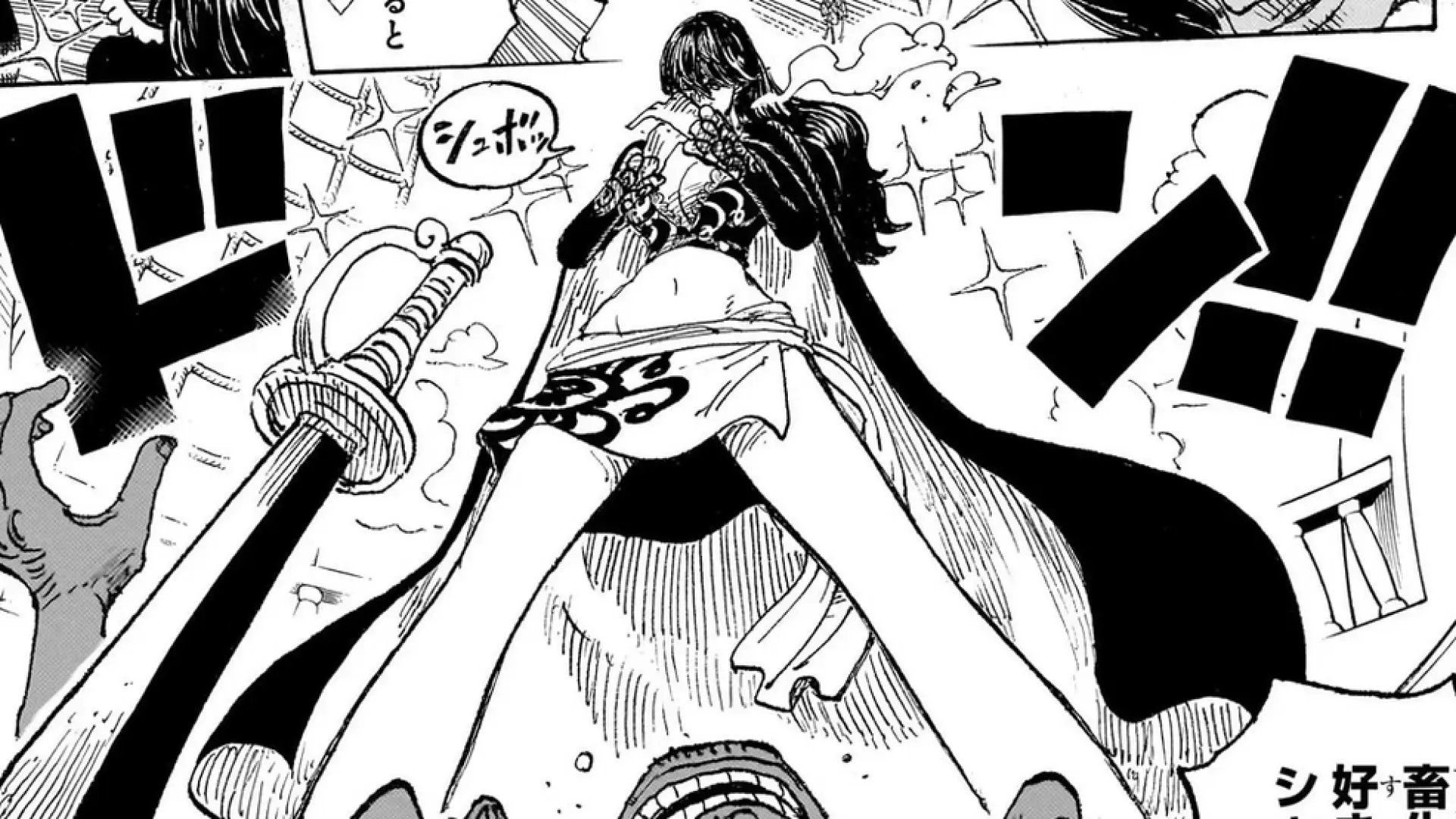 Shakky imobilizando Gol D. Roger em uma cena do capítulo 1156, ilustrado o que esperar do capítulo 1157 de One Piece